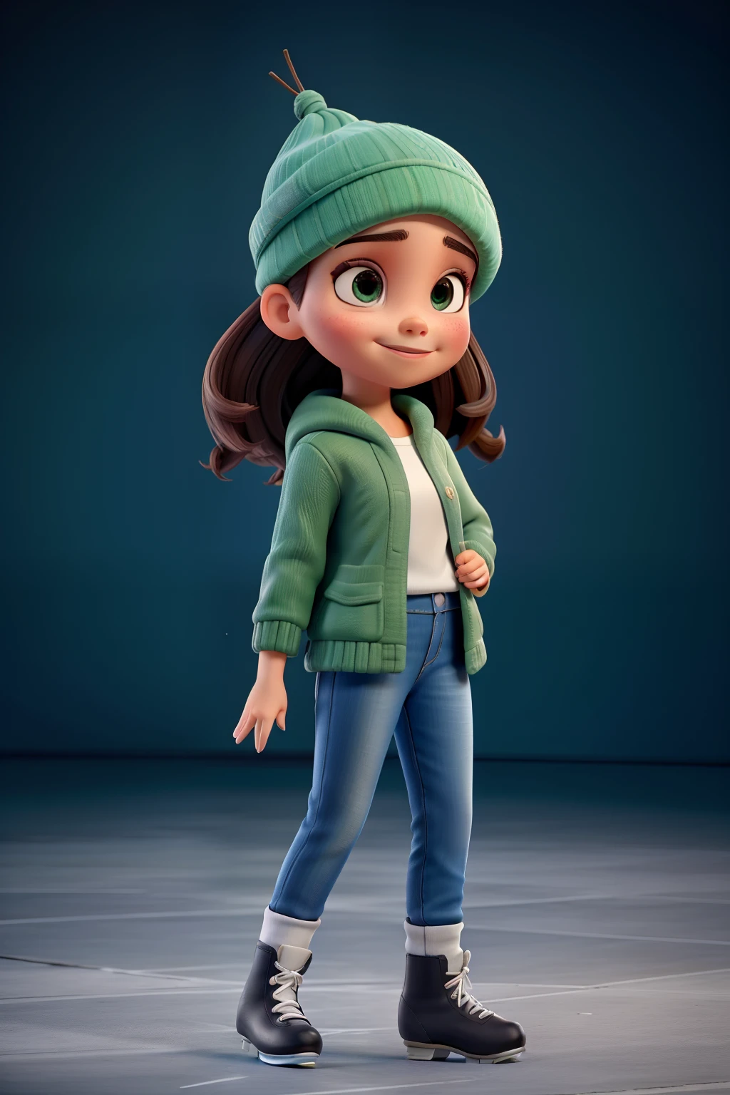 Ana anda de patins pela rua,com seus cabelos longos encaracolados dourados, olhos verdes, cap on head