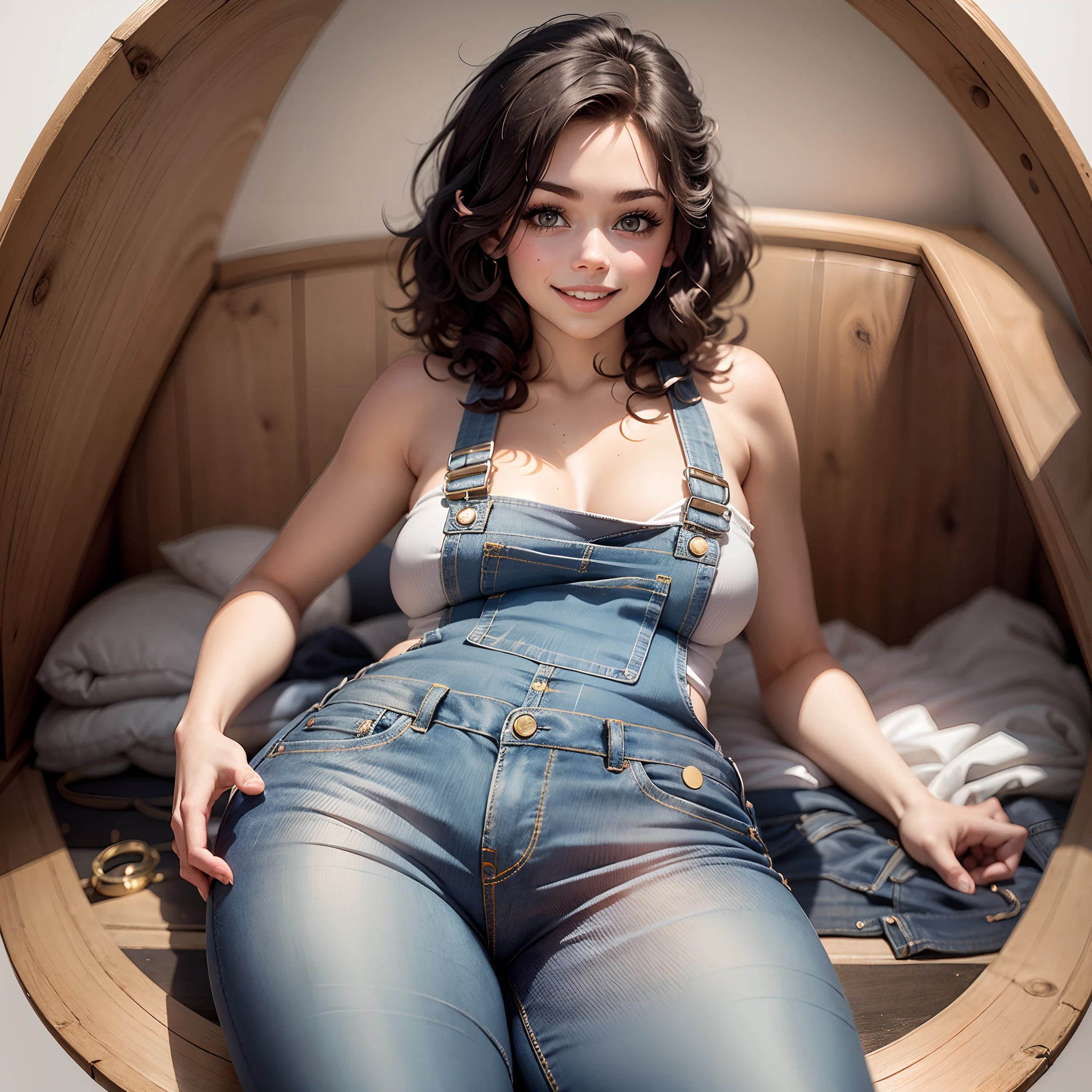 1 voluptuous girl (Sarah Hyland: 1.2), curly black hair, eyes, environment change scene, wearing only "jeans overalls", "without shirt", uncovered shoulders, uncovered legs, (simple background, white background: 1.3), illustration, ((masterpiece)), (((best quality))), UHD, highres, 8k, best quality, high details, anatomically correct, body side, smile at camera