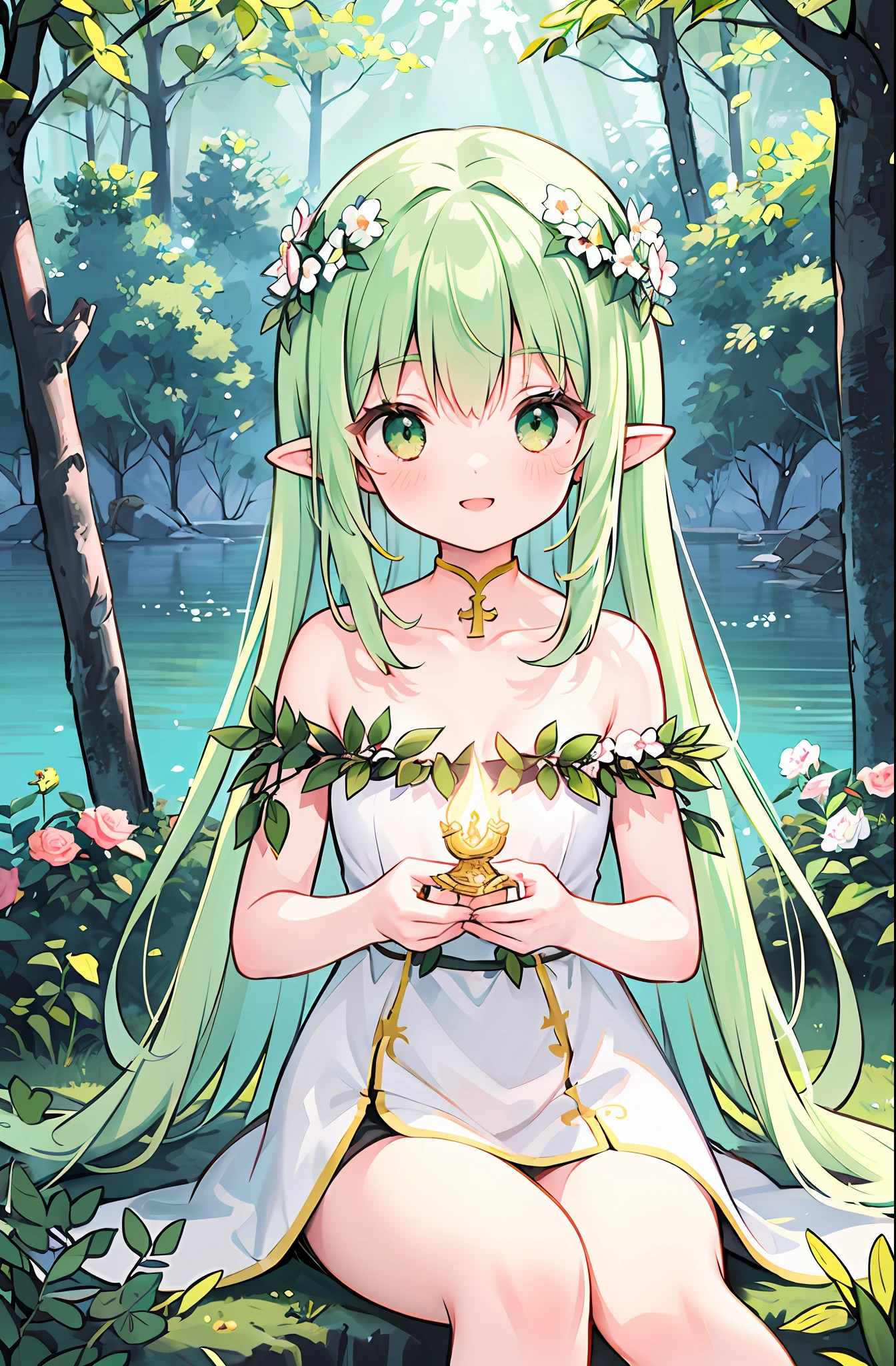 Masterpiece, best quality, illustration, colorful, landscape, fantasy, forest, 1girl, girly, face focus, skinny, bare shoulders, clavicle, detailed golden long hair, green eyes, pointy ears, holy smile , wreath, white dress, holy light, forest, sea of trees, flowers, sitting on the ground