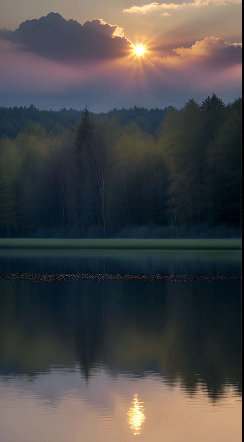 Wallpaper, summer, lake, dawn, forest, clouds, dawn background, depth of field, HD detail, hyperdetail, cinematic, soft light, deep field focus bokeh, ray tracing, diffuse (ultra-fine glass reflection) and realism. --v6