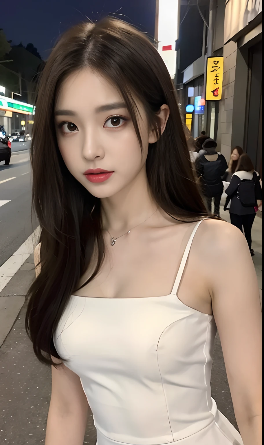 ((Realistic lighting, Best quality, 8K, Masterpiece: 1.3)), Focus: 1.2, 1girl, Perfect Figure: 1.4, Slim Abs: 1.1, ((Dark brown hair)), (White dress: 1.4), (Outdoor, Night: 1.1), City streets, Super fine face, Fine eyes, Double eyelids,