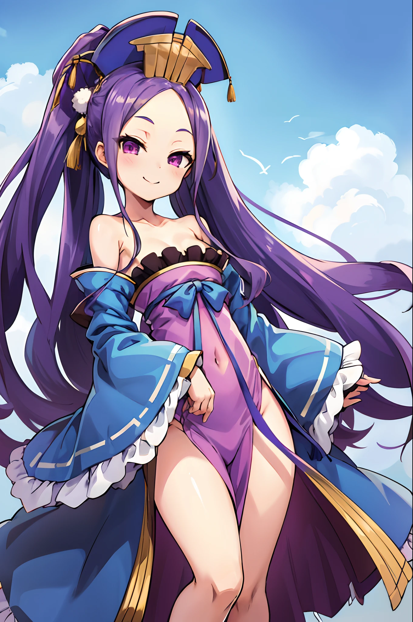 wz1, twintails, small breasts, forehead, hanfu, wide sleeves, sash, bare shoulders, long sleeves, bow, dress, shawl, masterpiece, best quality, highres, hmushiwa, side ponytail, long hair, hat, tate eboshi, feather hair ornament, japanese armor, breast curtains, navel, detached sleeves, asymmetrical sleeves, white sleeves, purple sleeves, pom pom (clothes), tassel, blue panties, single glove, single pantsleg, standing, cowboy shot, smile, small chest, short height, little girl, flat chest, small, cleavage, ((bare shoulder)), exposed, navel