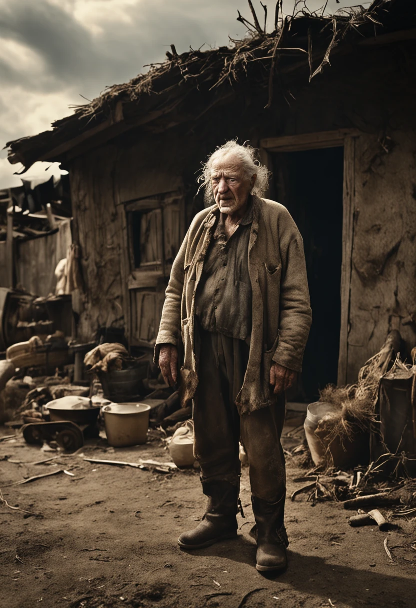 Film directed by Peter Jackson《lord of the ring》in a scene,A man stands in front of his home, A poor old worker in rags,overwhelming fatigue,Old wrinkles with rough skin pores, Fotorrealista, Core Moody's, dark themes, highly detailed, skin pore, Poros, Spots on the skin, Rough skin, Ray tracing, Subsurface scattering, whaite hair, sface focus, foco nítido, 詳細な目, With deep sadness