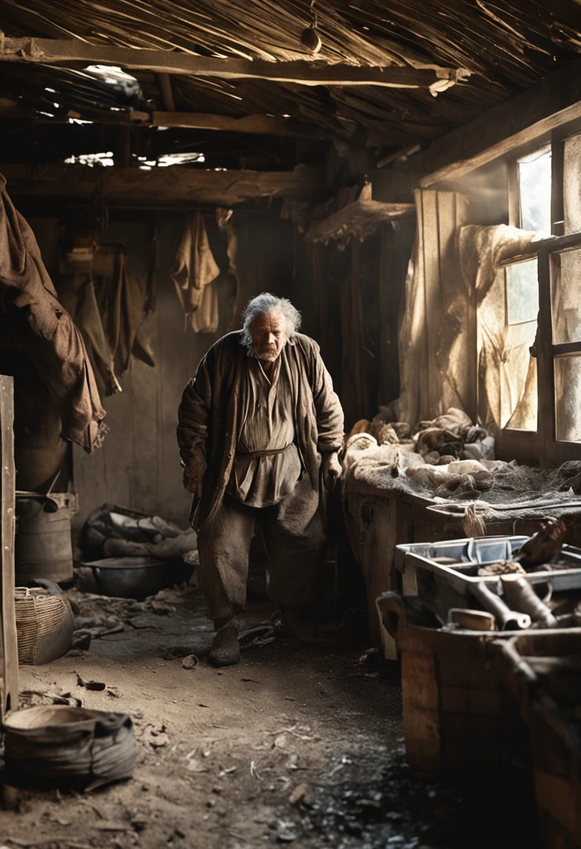 Film directed by Peter Jackson《lord of the ring》in a scene，A man stands in front of his home， A poor old worker in rags，overwhelming fatigue，Old wrinkles with rough skin pores, Fotorrealista, Core Moody's, dark themes, highly  detailed, skin pore, Poros, Spots on the skin, Rough skin, Ray tracing, Subsurface scattering, whaite hair, sface focus, foco nítido, 詳細な目, With deep sadness