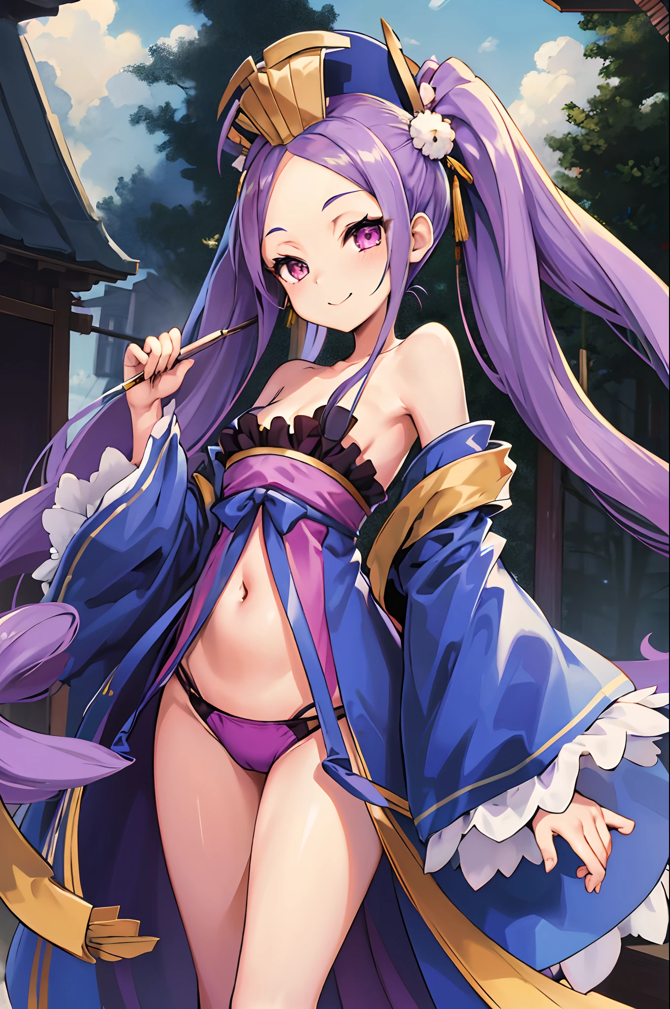 wz1, twintails, small breasts, forehead, hanfu, wide sleeves, sash, bare shoulders, long sleeves, bow, dress, shawl, masterpiece, best quality, highres, hmushiwa, side ponytail, long hair, hat, tate eboshi, feather hair ornament, japanese armor, breast curtains, navel, detached sleeves, asymmetrical sleeves, white sleeves, purple sleeves, pom pom (clothes), tassel, blue panties, single glove, single pantsleg, standing, cowboy shot, smile, small chest, short height, , flat chest, small, cleavage, ((bare shoulder)), exposed, navel