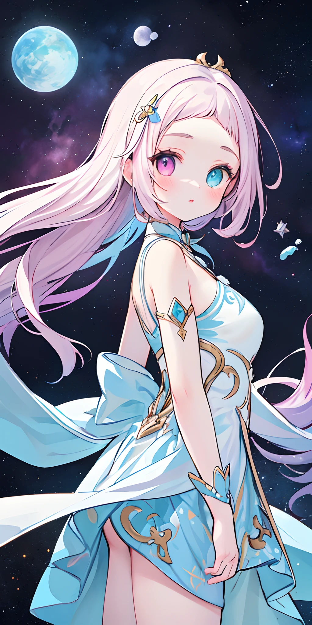 A girl in space captivates with her ((heterochromatic eyes)), each iris displaying a unique and enchanting color combination. Her eyes shimmer like celestial gems, reflecting the wonders of the cosmos. The illustrative style takes inspiration from the ethereal works of Jasmine Becket-Griffith, known for her enchanting and fantastical character illustrations. The color palette combines celestial shades of blues, purples, and hints of stardust-like glimmers. The camera angle captures the girl in a contemplative gaze, highlighting the mesmerizing beauty of her heterochromatic eyes amidst the vastness of space.