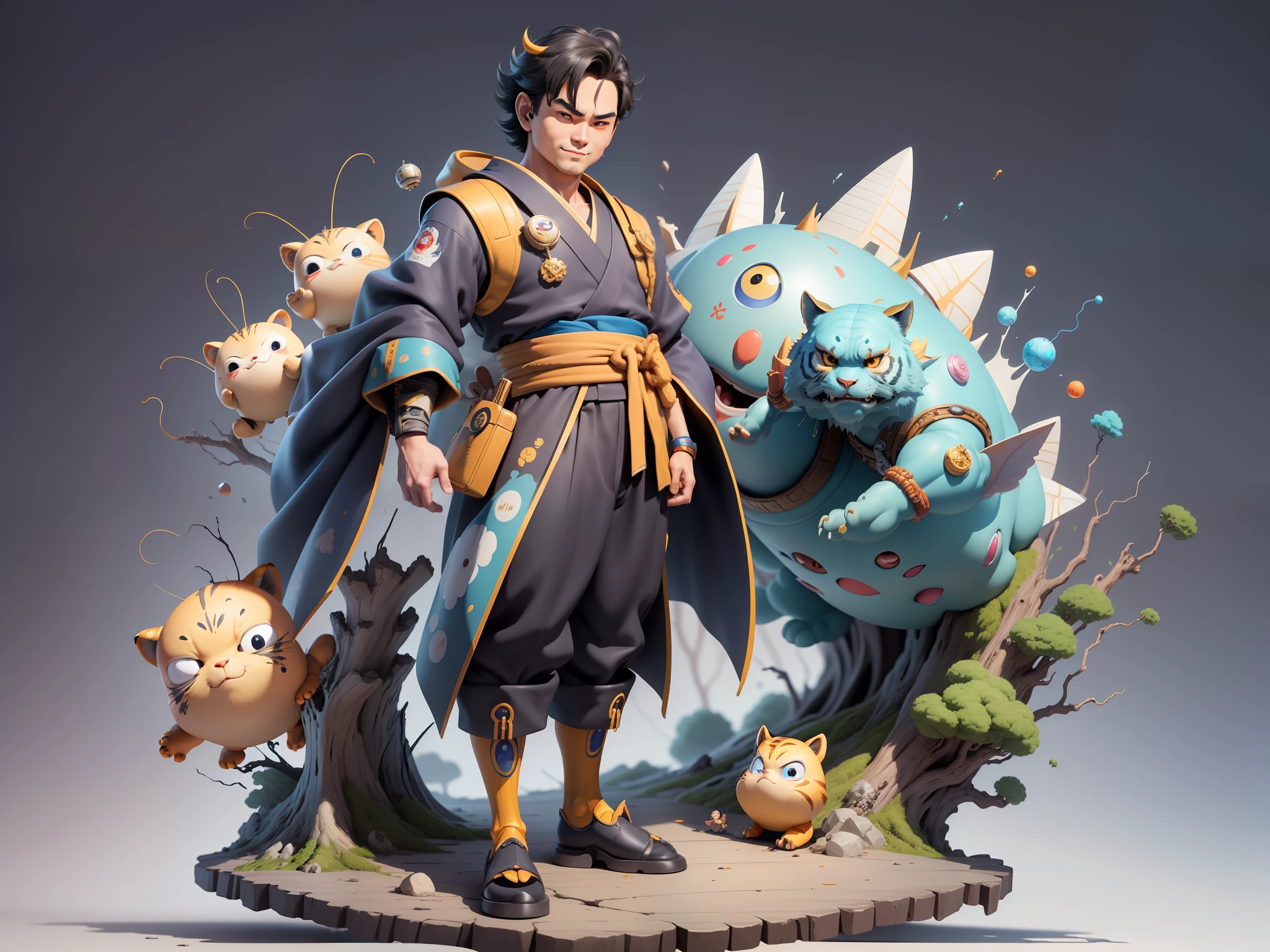 (Masterpiece), (Excellent), (Super Meticulous), (Full Body: 1.2), Super Young Man, Oriental Face, Japanese Kimono, Japanese Wind Thunder God, Dragon, Tiger, TV Anchor, Bust Portrait Illustration, Alone, Black Suit, Blue Tie, Slightly Chubby Face, Very Clean Face, No Beard, Black Super Short Hair, Black Eyes, Confident Smile, 3c Computer Sub-Products, iPad, iPhone, Digital Painting, 3D Character Design by Akira Toriyama and Mark Claireden and Pixar and Hayao Miyazaki, The illustration is a high-definition illustration in 4K resolution with very detailed facial features and cartoon-style visuals.