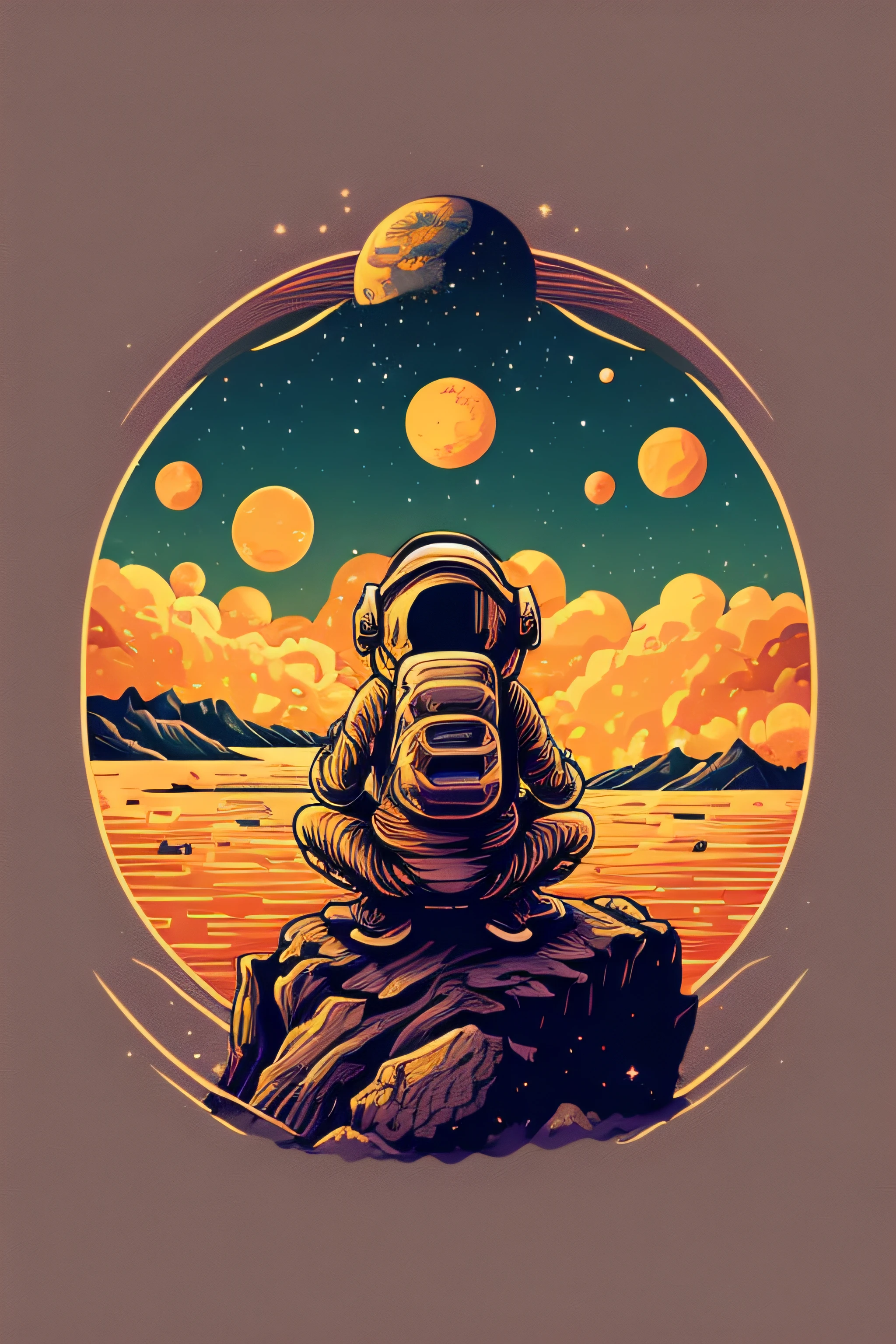 An astronaut sitting on a rock in a relaxed position, com uma cerveja, in circle, com fundo preto e estilo de vetor de arte, in a vibrant and characteristic sunset, with detailed and sharp outline, como um logotipo de camiseta no estilo de arte