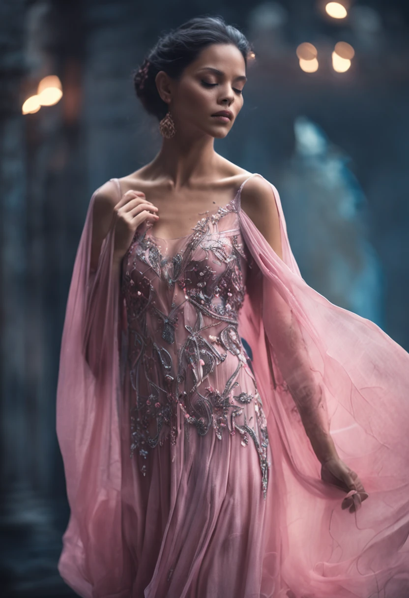 melhor qualidade， tmasterpiece， ultra-highresolution, Close-up of a woman in a flowing pink-blue gauze dress, close-up por todo o corpo, sexy para, ombros cortados, menina adolescente bonita, uma bela imperatriz fantasia, ethereal beauty, linda donzela fantasia, deusa bonita, ((uma bela imperatriz fantasia)), Fantasia Oriental, Ethereal Fantasy, cenas detalhadas, awesome pose, Attractive accessories, Pitoresco, cabelos pretos, fantasia, pequenos animais ao seu redor, no meio de uma floresta,