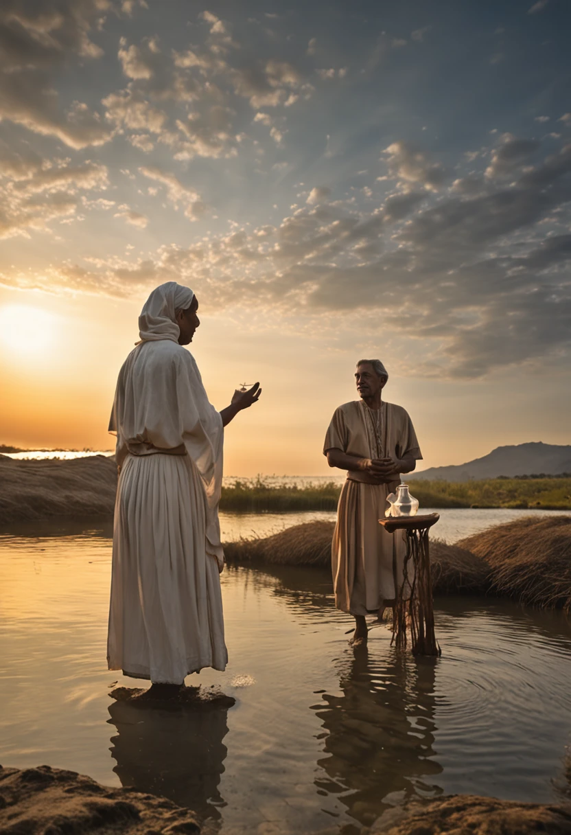 Create a 4k resolution image that depicts a quiet and serene biblical scene, with a man and a woman standing before a river. O rio flui suavemente, representing life and purification. Man is immersed in water, while the woman is next to, holding a ceramic vase. The sun shines brightly in the sky, simbolizando a luz divina. Both are dressed in white clothes, symbolizing purity and spiritual renewal. While man purifies himself in water, The woman pours water from the vessel on him, symbolizing physical and spiritual purification. They are in communion with me, seeking restoration and renewal in accordance with the laws that have been established.
