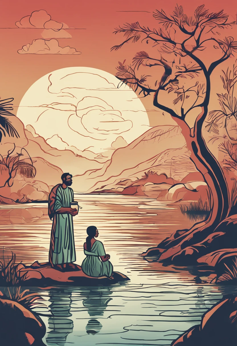Create a 4k resolution image that depicts a quiet and serene biblical scene, with a man and a woman standing before a river. O rio flui suavemente, representing life and purification. Man is immersed in water, while the woman is next to, holding a ceramic vase. The sun shines brightly in the sky, simbolizando a luz divina. Both are dressed in white clothes, symbolizing purity and spiritual renewal. While man purifies himself in water, The woman pours water from the vessel on him, symbolizing physical and spiritual purification. They are in communion with me, seeking restoration and renewal in accordance with the laws that have been established.