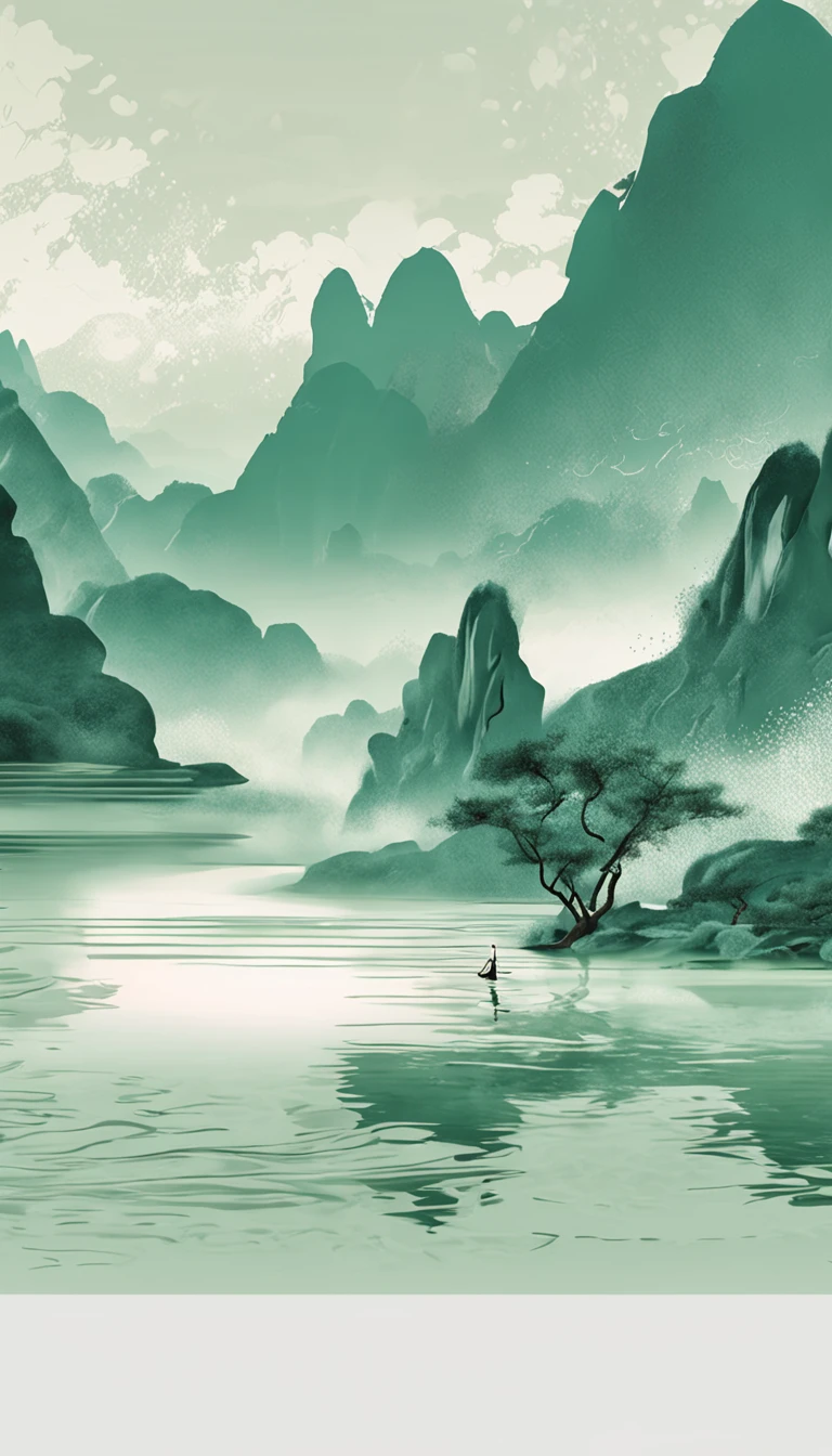 A person wearing Hanfu stands in the flowing mountains and waters in the style of fluid landscapes Song Dynasty fine brushwork landscape painting rendered in cinema 4d organic flowing forms Gothic landforms and landforms light green and white mediterranean landscapes fluid formation