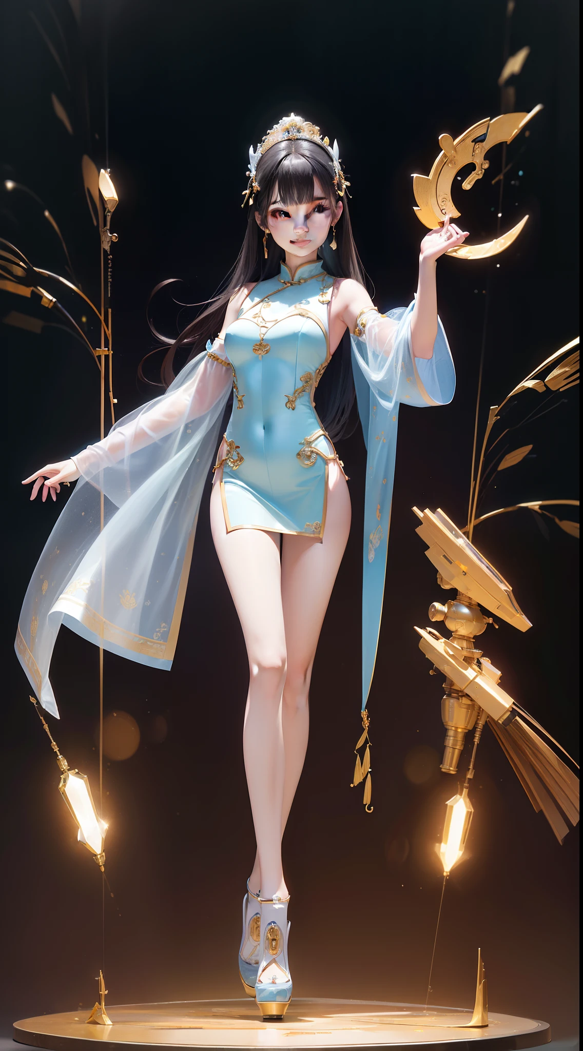 (full body shot of:1.4), Space art, Kaka Inoue、1 Cheongsam woman，Standing posture，Transparent robotic arm，Slender figure，perfectly proportions，Delicate hair accessories, Smile，Transparent mechanical shoes, Oriental elements, ( Bokeh)，High quality，4K，。.。.。.3D