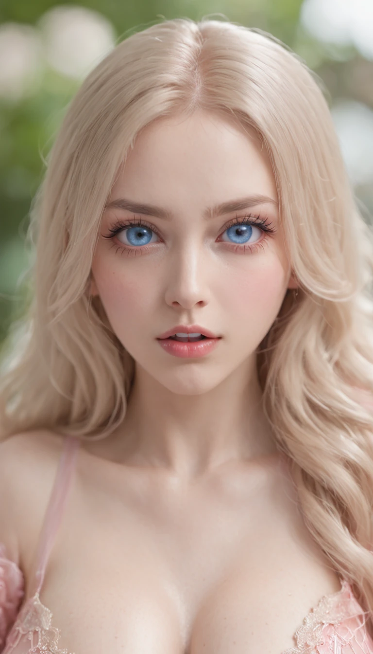 岁, Beautiful girl with bright blue eyes, shocked expression,Wide eyes, (((Large breasts :1.2 and round breasts:1.2))),8K, RAW photo, Highly detailed skin, exposed, Photography, Masterpiece, Best quality, Gorgeous light blonde long hair, Ultra-detailed face, Detailed blue eyes, ((no close up)), front angle, Yawning, Very wide open mouth, Spread legs, Wet open ,(((Pubic hair))).