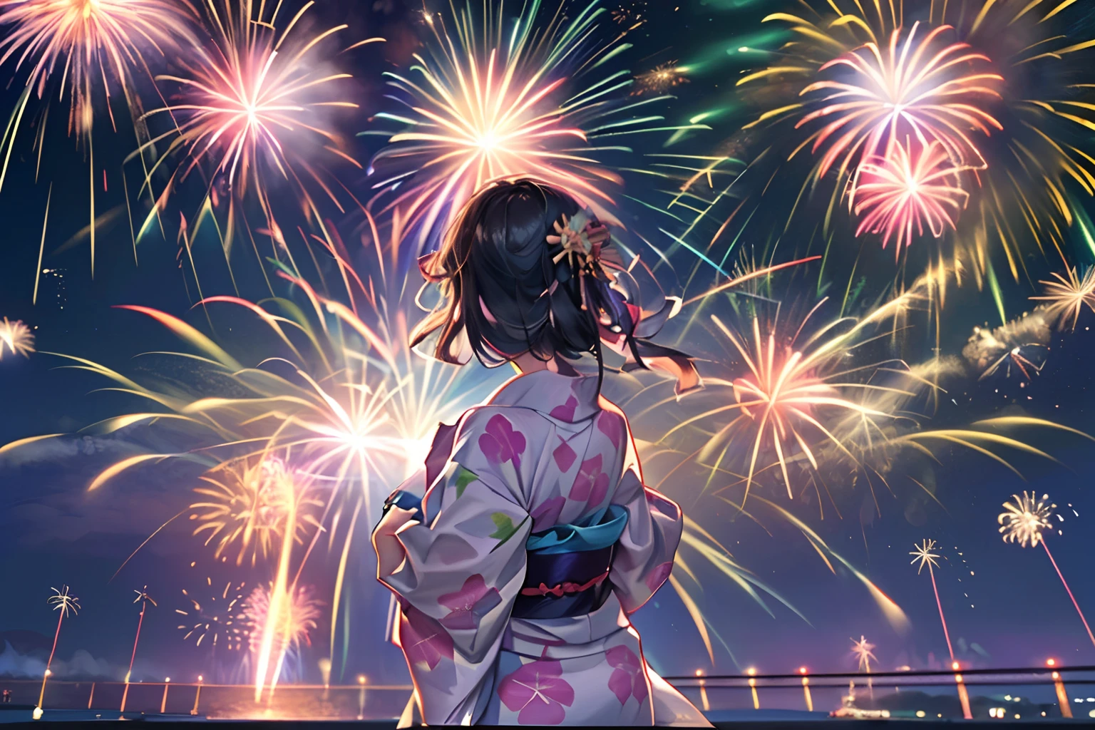 Beautiful Japan girl yukata、(Fireworks in the vast night sky),(top-quality、8K、32K、​masterpiece、nffsw:1.3)、(Photorealsitic:1.4)、Raw photography、Wide Angle、hair adornments,Elegant Pose、skyrocket、Fireworks glare、depth of fields、lensflare、accurate hands