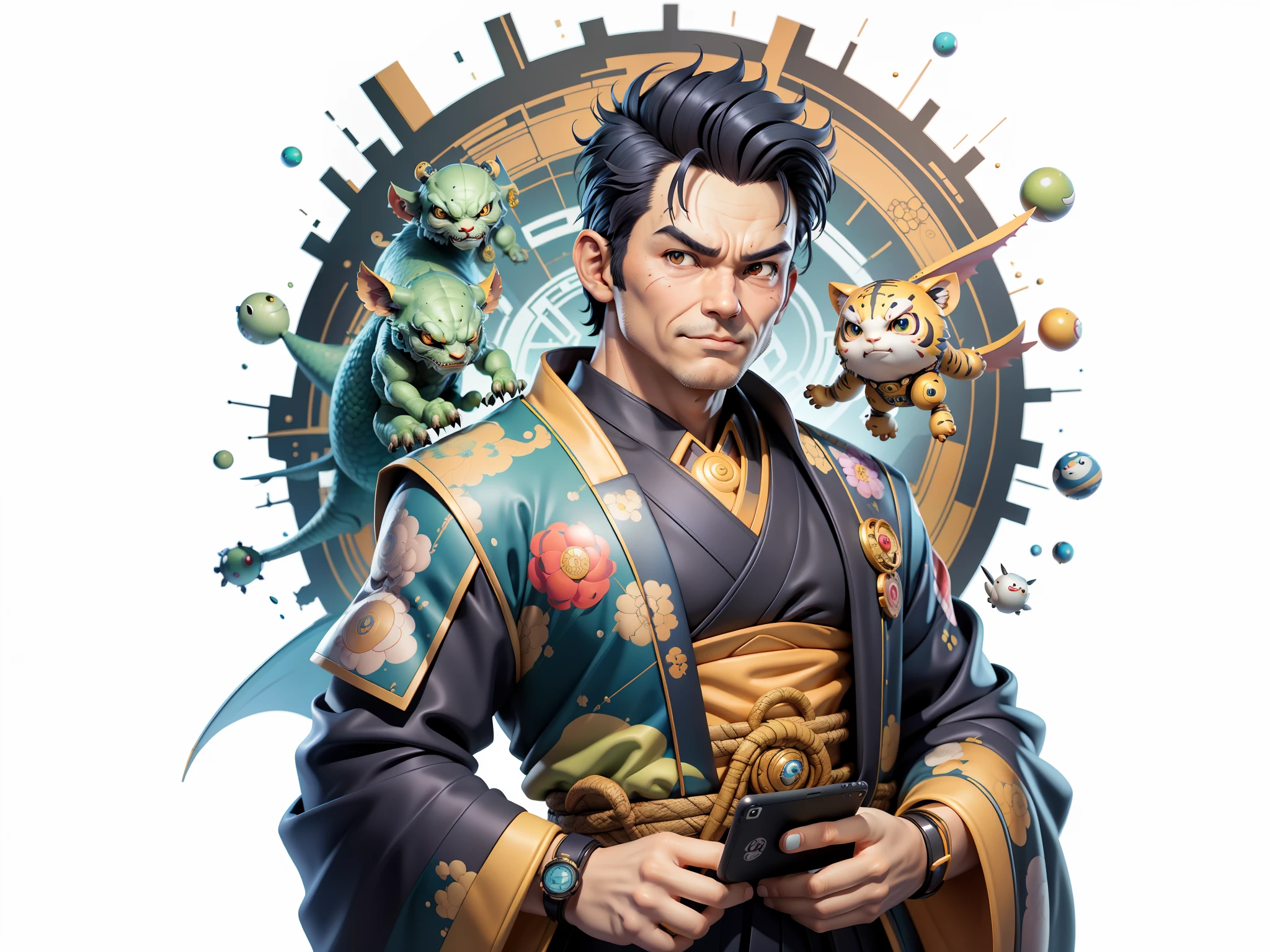 (Masterpiece), (Excellent), (Super Meticulous), (Full Body: 1.2), Super Young Man, Oriental Face, Japanese Kimono, Japanese Wind Thunder God, Dragon, Tiger, TV Anchor, Bust Portrait Illustration, Alone, Black Suit, Blue Tie, Slightly Chubby Face, Very Clean Face, No Beard, Black Super Short Hair, Black Eyes, Confident Smile, 3c Computer Sub-Products, iPad, iPhone, Digital Painting, 3D Character Design by Akira Toriyama and Mark Claireden and Pixar and Hayao Miyazaki, The illustration is a high-definition illustration in 4K resolution with very detailed facial features and cartoon-style visuals.