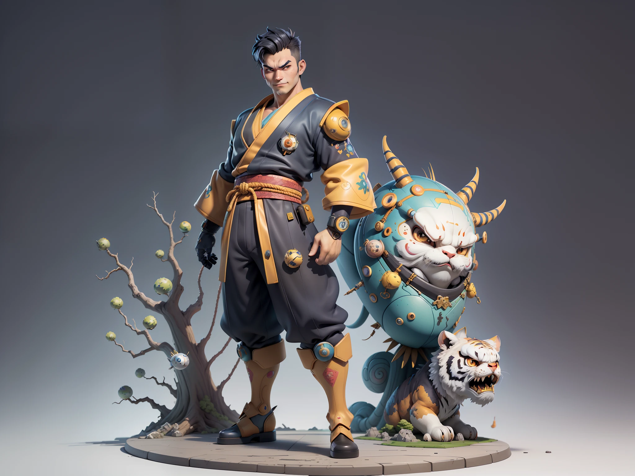 (Masterpiece), (Excellent), (Super Meticulous), (Full Body: 1.2), Super Young Man, Oriental Face, Japanese Kimono, Japanese Wind Thunder God, Dragon, Tiger, TV Anchor, Bust Portrait Illustration, Alone, Black Suit, Blue Tie, Slightly Chubby Face, Very Clean Face, No Beard, Black Super Short Hair, Black Eyes, Confident Smile, 3c Computer Sub-Products, iPad, iPhone, Digital Painting, 3D Character Design by Akira Toriyama and Mark Claireden and Pixar and Hayao Miyazaki, The illustration is a high-definition illustration in 4K resolution with very detailed facial features and cartoon-style visuals.