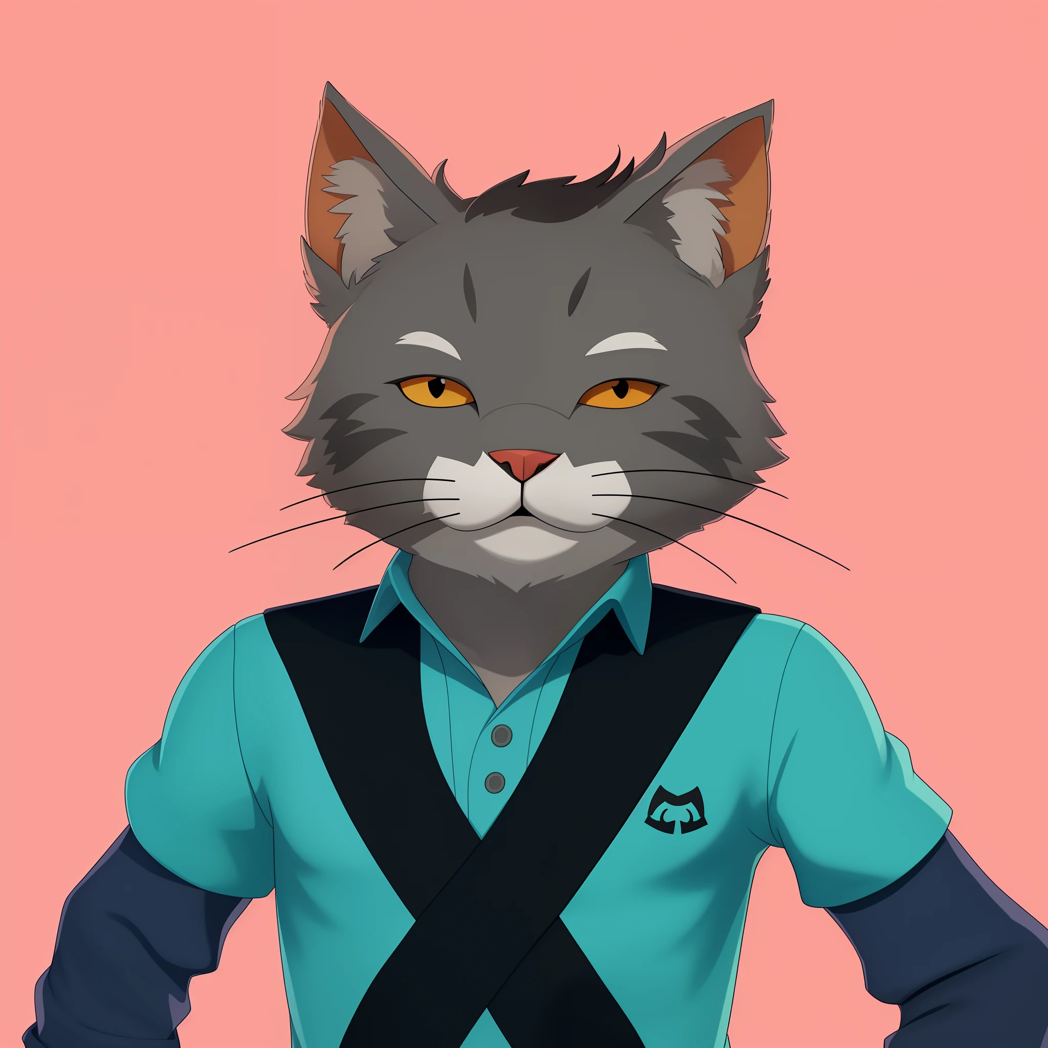 There is a cat with a blue shirt and a black belt, Retrato de personagem peludo, sem linha, um gato antro, anthropomorphic cat, gato antro, Personagem altamente detalhado, personagem peludo, um retrato do personagem, Fursona usando roupas estilosas, Retrato de antro, retrato detalhado do caractere, retrato de personagem de mim, Retrato do conceito do personagem de mim