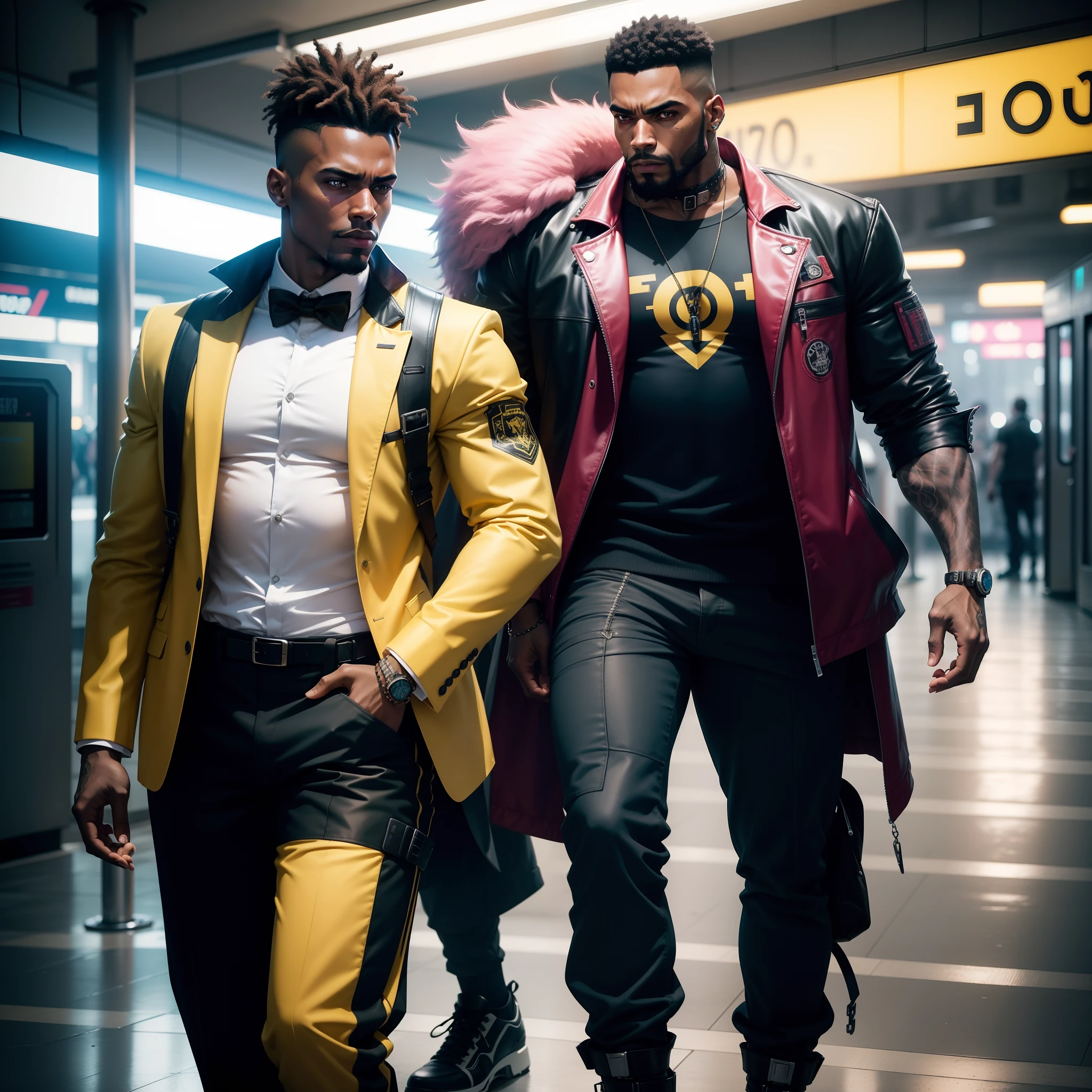 I'd like a cyberpunk style image in 4k average photo of two black characters ,30 anos de idade,,africano, forte, musculoso,Bodybillder,muito forte de pele negra ,barba grande,barba, Estiloso Barbon,com cabelo punk estilo anos 80 na cor amarelo e cinza escuro,muito eLegante,, futurista e estiloso neon , com uma tatuagem super colorida e com neon ,Toattoo, facing a metro station on the platform , with station lights failing in a dimly lit environment, standing dressed in a dark yellow suit with a pink bow tie and baggy shirt.