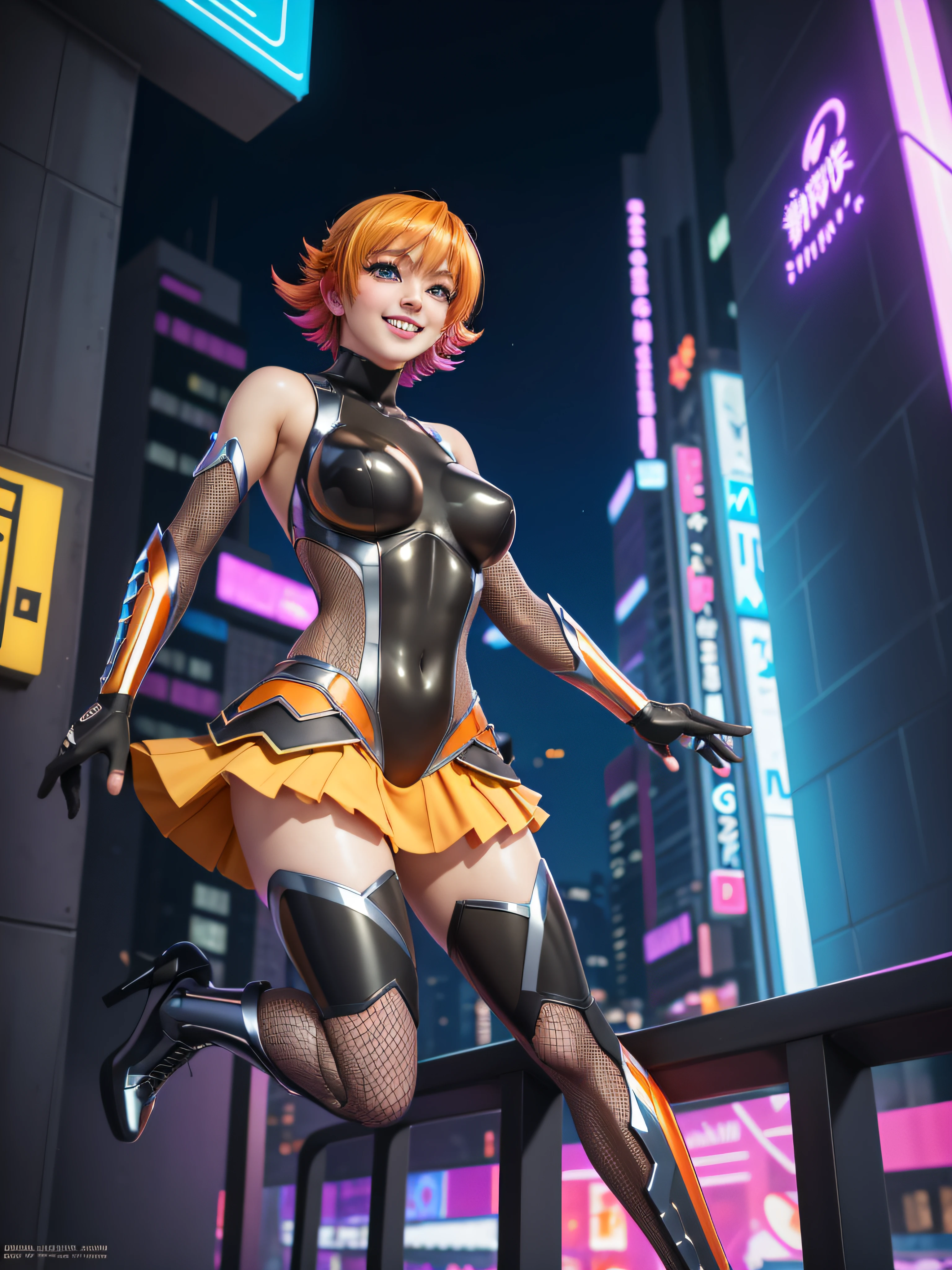 (masterpiece, best quality, detailed), 1girl, solo, outdoors, cyberpunk, city, night, city lights, neon lights, night sky,
jumping, grin, looking at viewer, from below,
igawa sakura, black thighhighs, boots, elbow gloves, fishnets, high heels, showgirl skirt, taimanin suit