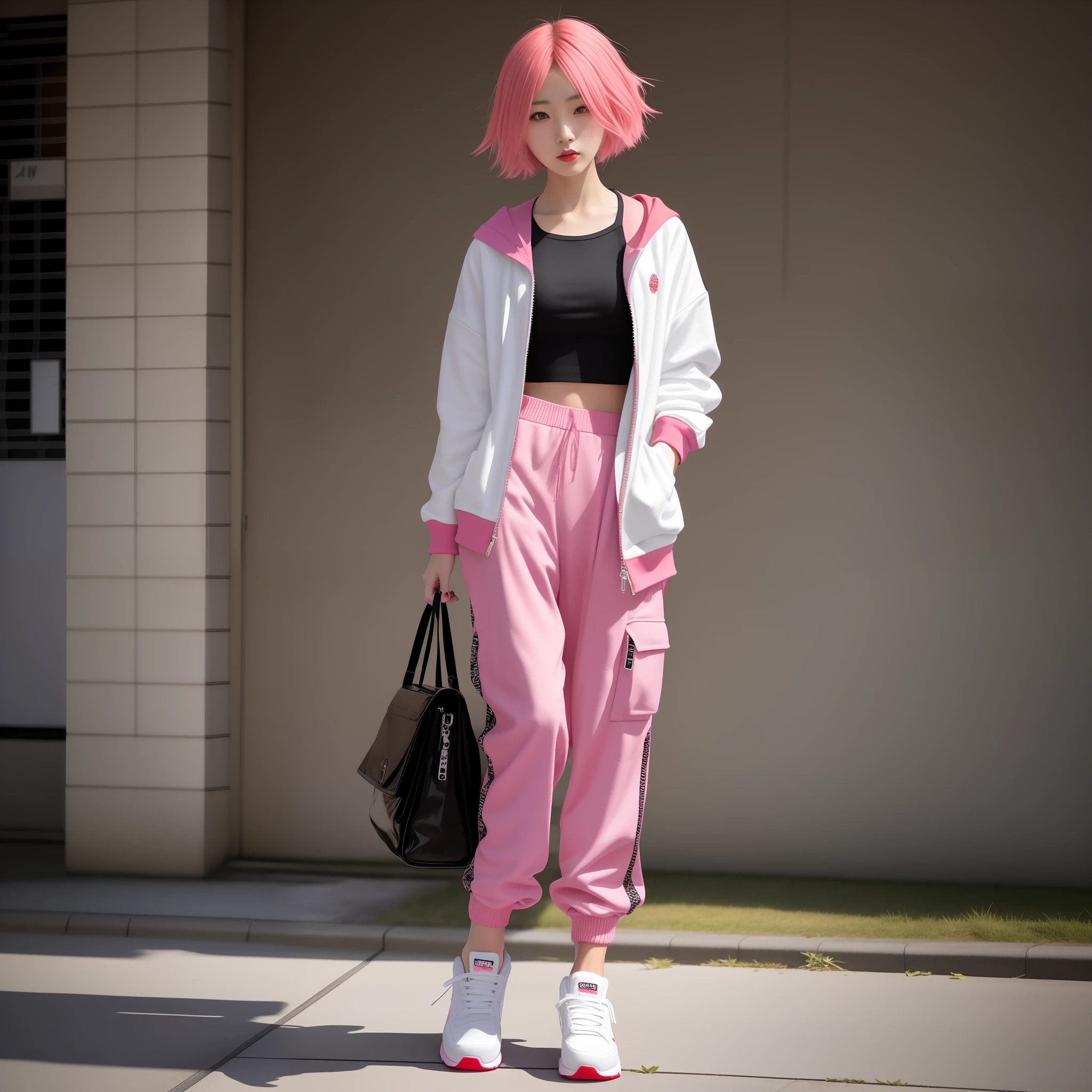 japanese streetwear, woman in streetwear, she is wearing streetwear, Black and red floral skirt, With black hair, japanese street fashion, japanese city street fashion, wearing japanese techwear, Mysterious girl with short black hair, harajuku street fashion, Black ruffled long-sleeved blouse, cool japanese street fashion