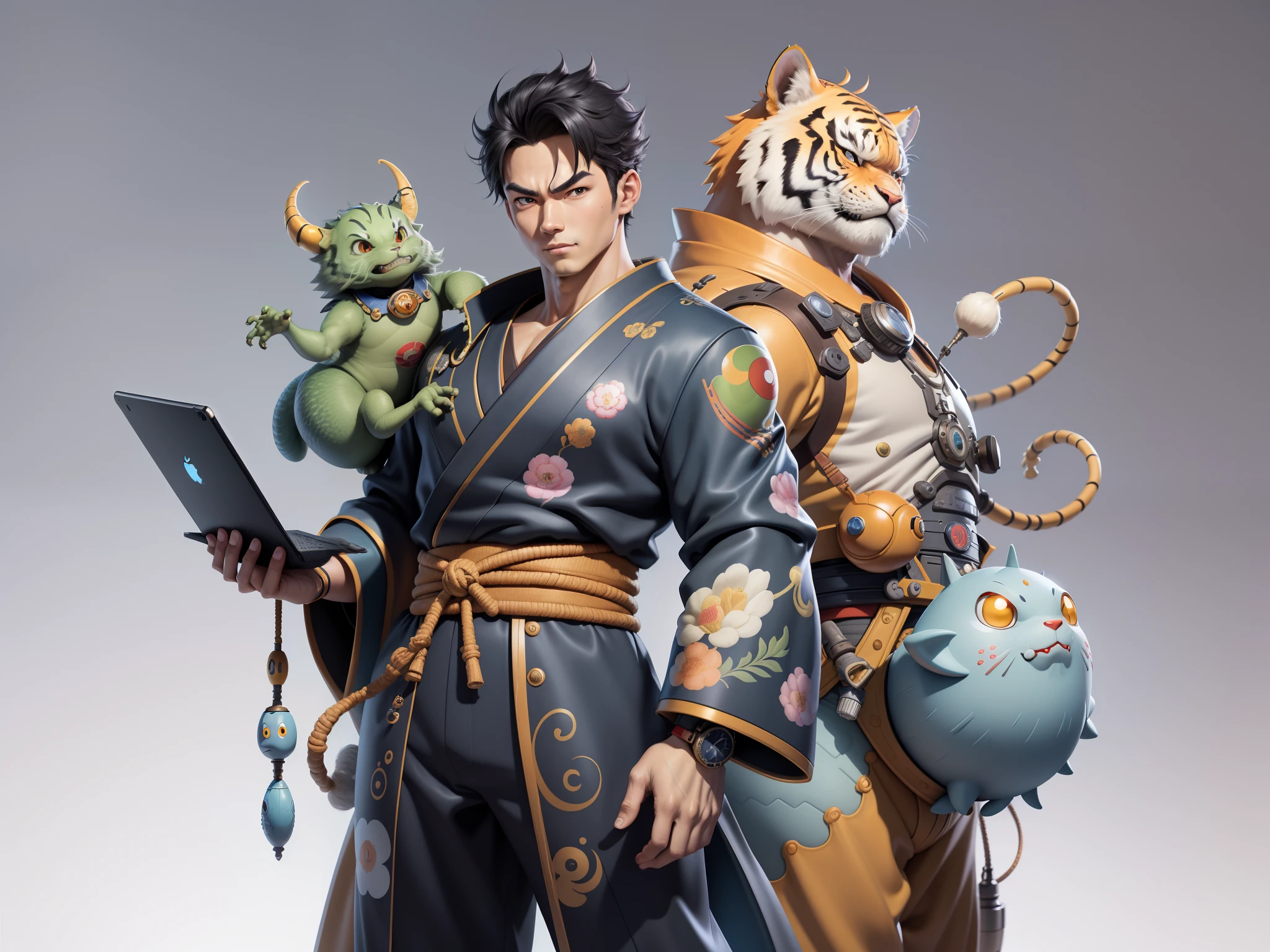 (Masterpiece), (Excellent), (Super Meticulous), (Full Body: 1.2), Super Young Man with Japanese Female Geisha, Pretty, Beautiful, Chinese Dragon, Tiger, Wind God Thor, Sexy, Bursting, Oriental Face, TV Anchor, Bust Portrait Illustration, Black Suit, Blue Tie, Slightly Chubby Face, Silver Glasses, Very Clean Face, No Beard on Chin, Black Super Short Hair, Black Eyes, Confident Smile, 3c Computer Sub-Products, iPad, iPhone, Digital Painting, 3D character design by Mark Clairedon and Pixar and Hayao Miyazaki and Akira Toriyama, the illustrations are HD illustrations in 4K resolution with highly detailed facial features and cartoon-style visuals.