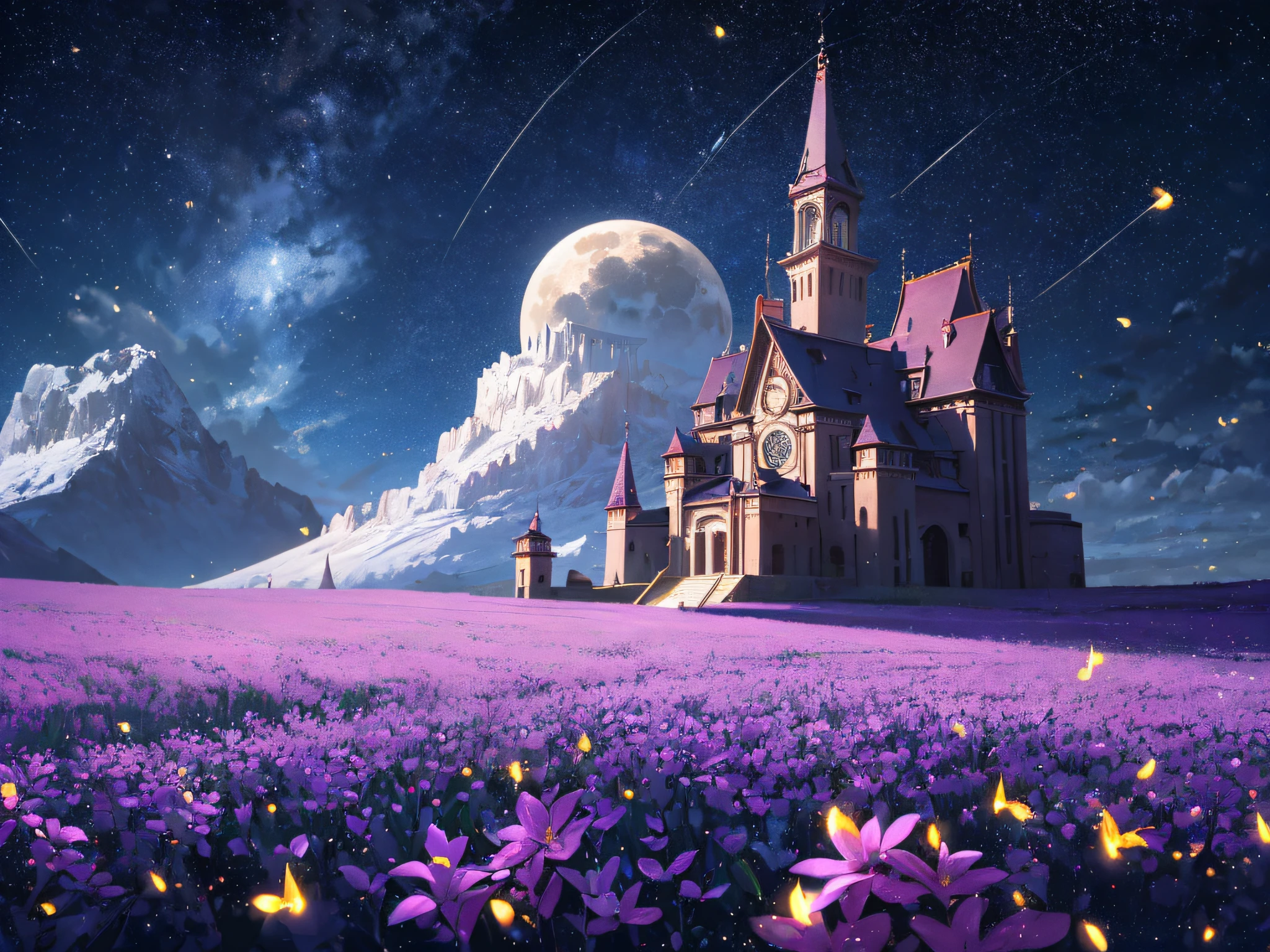 (Highers, ultra detailed, cinematic, UHD), night, mountain, dark sky, (big moon in the sky), (saturnus in the sky), galaxy in the sky, nebula in the sky, snowy, (old western bulding) , purple flower field, warm, orange, blue, purple, detailed building, detailed field, detailed sky, shooting star from above, dreamy, magical, boy looking at the sky, light particle, fireflies,  oil painting