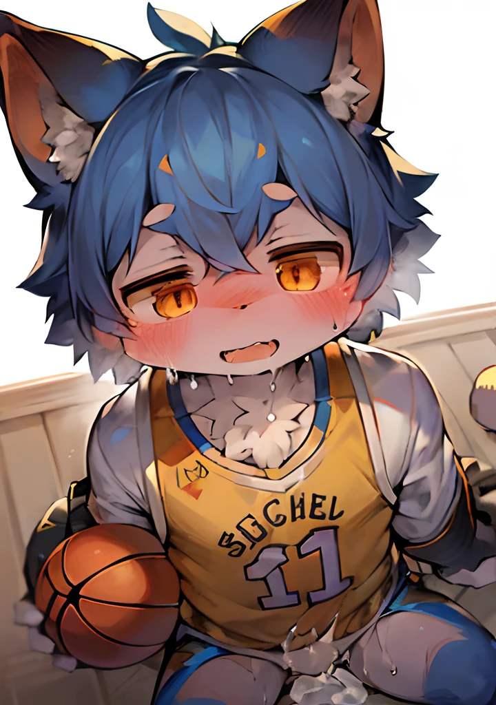 tmasterpiece，high qulity，Ridiculous resolution，digitial painting\（artwork of a\），Dagasi，Yupa，Kiyosan，（Fluffy fur：1.1），（luminance：0.8），anthro male cat。 （Orange eyes，Gray-blue fur，Full Body Furry，Cat nose：1.2），eyes with brightness，in a panoramic view，Character focus。detailedbackground，（Yellow basketball jersey，Heavy sweating，：1.2），（sobu： 1.2)，male people，s，masturbated，Genital erection， Jetting，cum shots