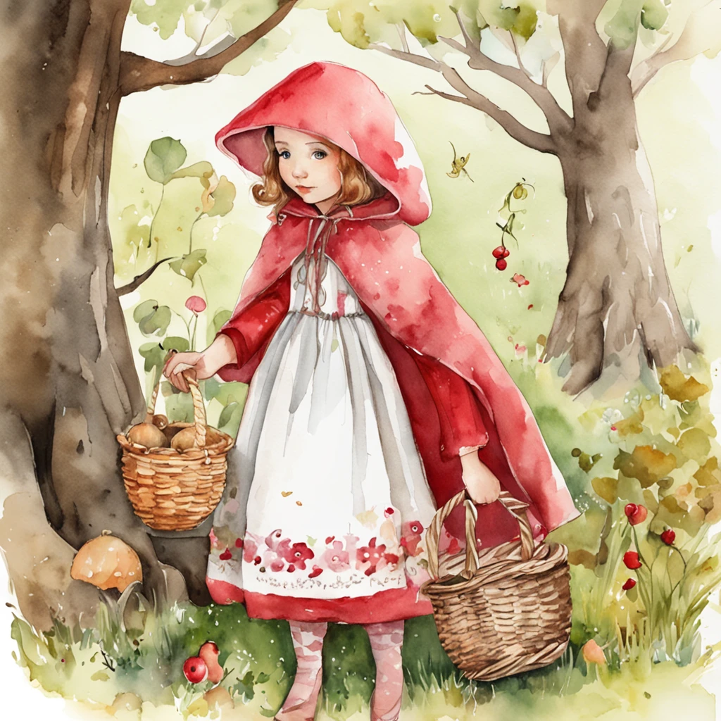 ma pintura de uma em um vestido rosa segurando uma cesta, de picnic vestido com um belo manto vermelho, fairy-tale illustration style, em estilo de arte vbowater, Little Red Riding Hood thief, pintura de personagem bonito, Chapeuzinho Vermelho, capuz e capa , uma capa vermelha, Assistente bonito, estilo bonito dos desenhos animados, Chapeuzinho Vermelho, Fairycore, vestido de capa
