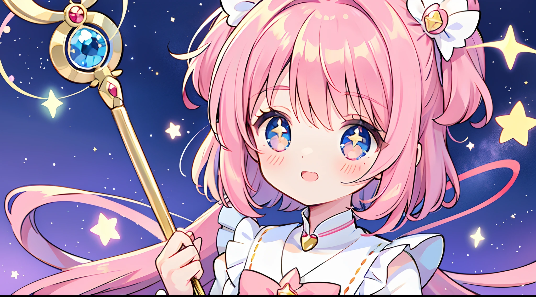 k hd,Anime girl with wand and star wand in her hand, portrait of magical girl, sparkling magical girl, magical girl, cardcaptor sakura, clean and meticulous anime art, magical girl anime mahou shojo, beautiful anime art style, cute anime girl portraits, carrying a magical staff, zerochan art, lovely art style, astral fairy, Soft anime illustration