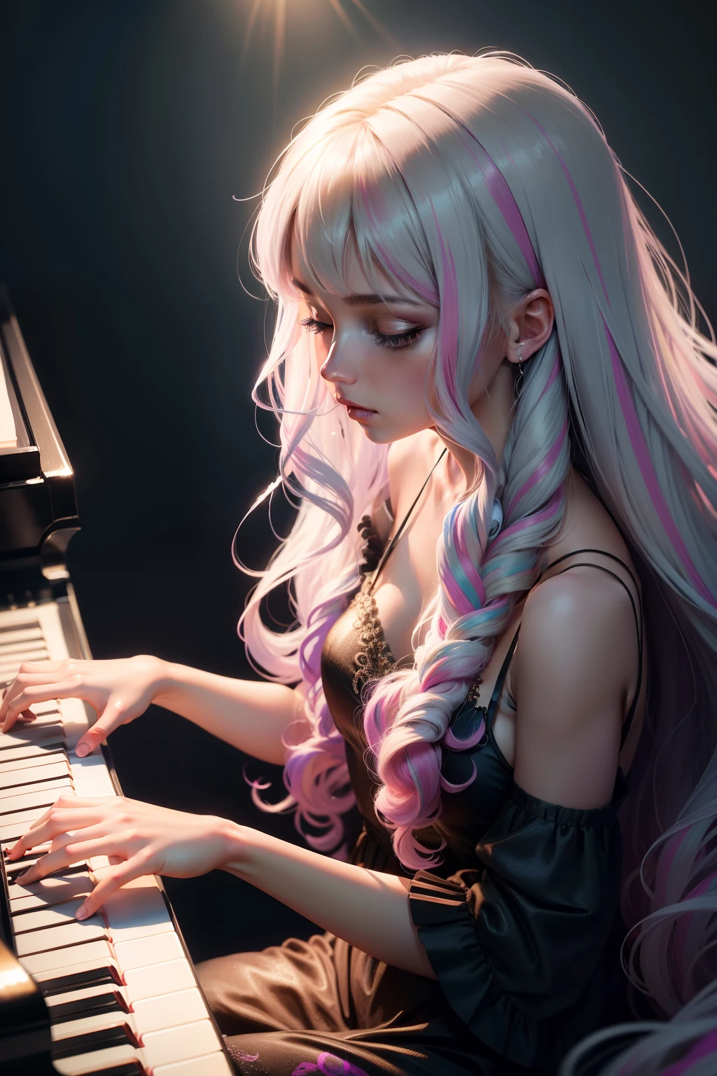 playing piano Playing the piano keys Press a key Hit the key girl with Hair long Lashes colourfull Active pop music Music Artistically art by colourfull natural soft light Steinway Elegant