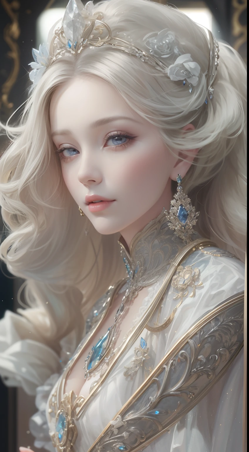tmasterpiece,Highest high resolution,Dynamic bust of beautiful royal lady,Long blonde hairstyle,Gray clear eyes,The hair is covered with beautiful and delicate floral craftsmanship, Crystal jewelry filigree,Ultra-detailed details,upscaled。