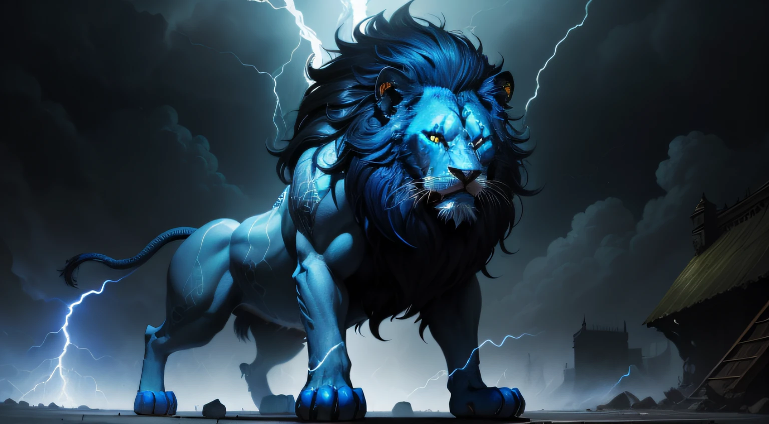 (((belve))),Lion luminous design,(Blue hair),mythological beasts,Brilliant colors,Ink drops,darkly,violence,Domineering,Lightning and lightning,Muscular,oil painted,Abstract beauty,Heavy strokes,Extremely clear picture quality,hell,terroral,Domineering