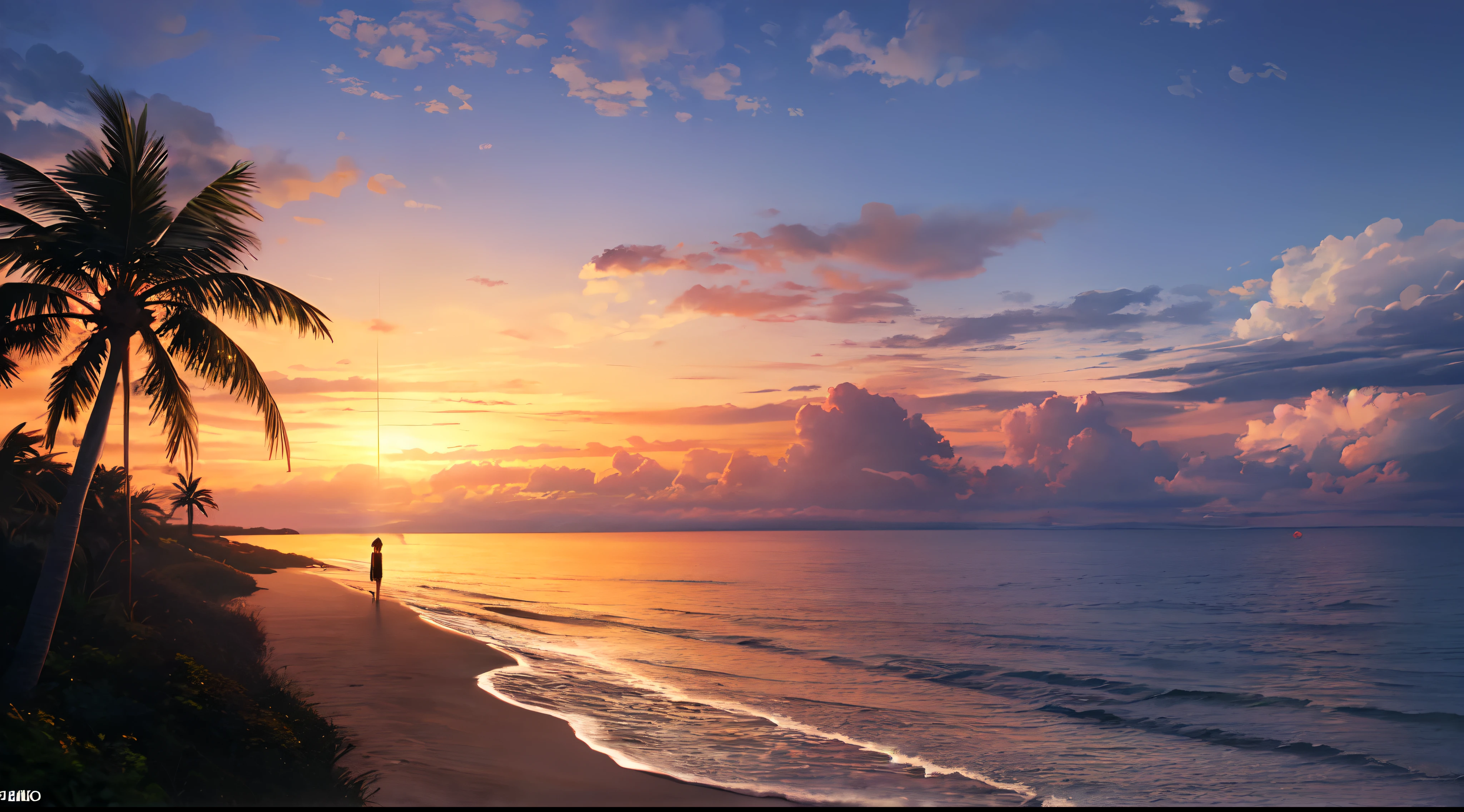 (8K,RAW photos,highest quality, masterpiece,HDR,bloom:1.2),girl,desktop wallpaper,outdoor,cinematic lighting,morning,clouds,Sea,beach,Summer,sky,sun,Coconut tree