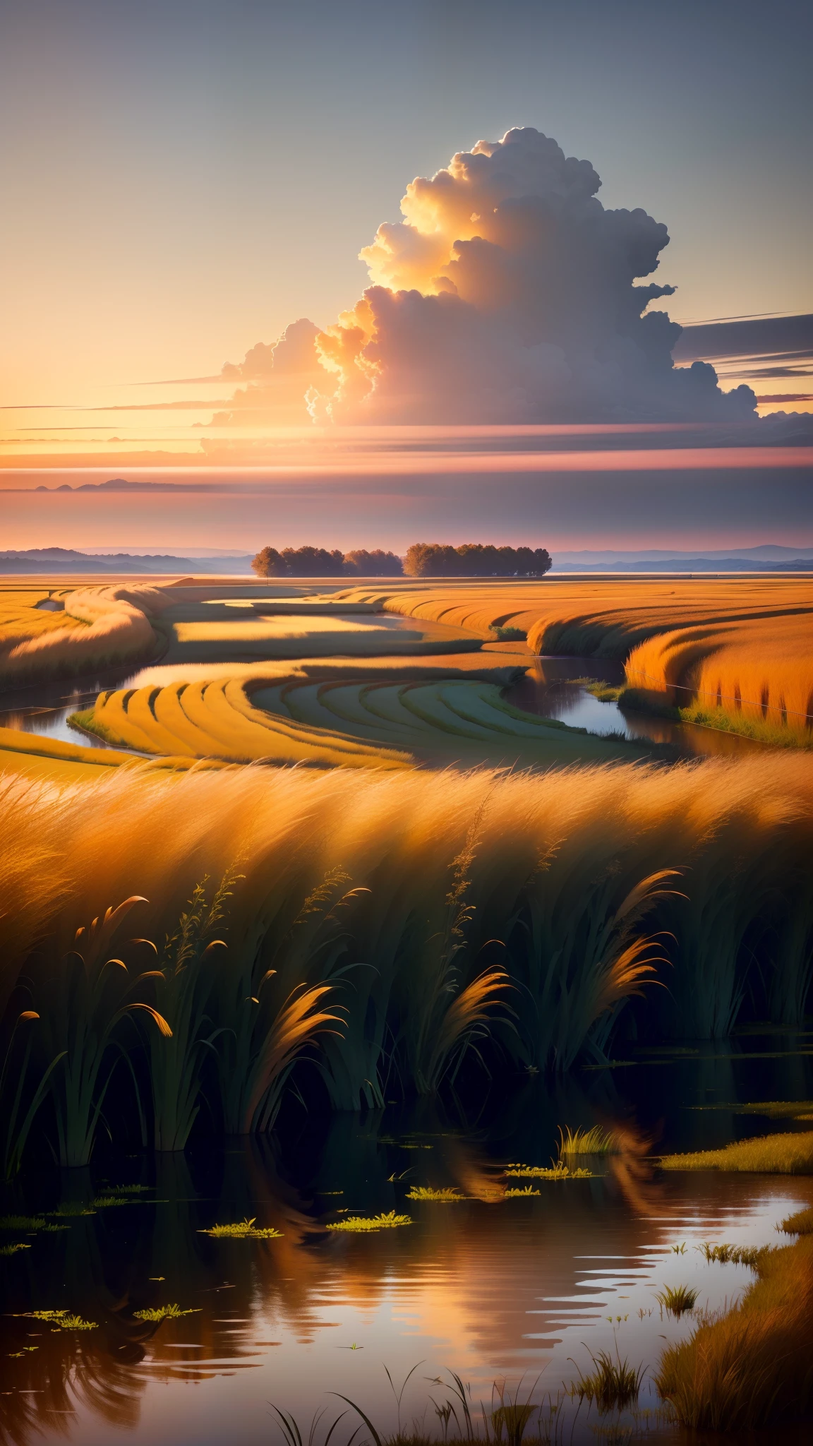 There are no rivers,Burning clouds,Deep,high saturated,low walls,tmasterpiece,k hd,scenecy,grassy fields,There are clumps of reeds in the meadow,There are no rivers,high saturated,low walls,Lumpy reeds,fluffly,Golden yellow reed,Magnificent,magnifica,tmasterpiece,k hd,downy