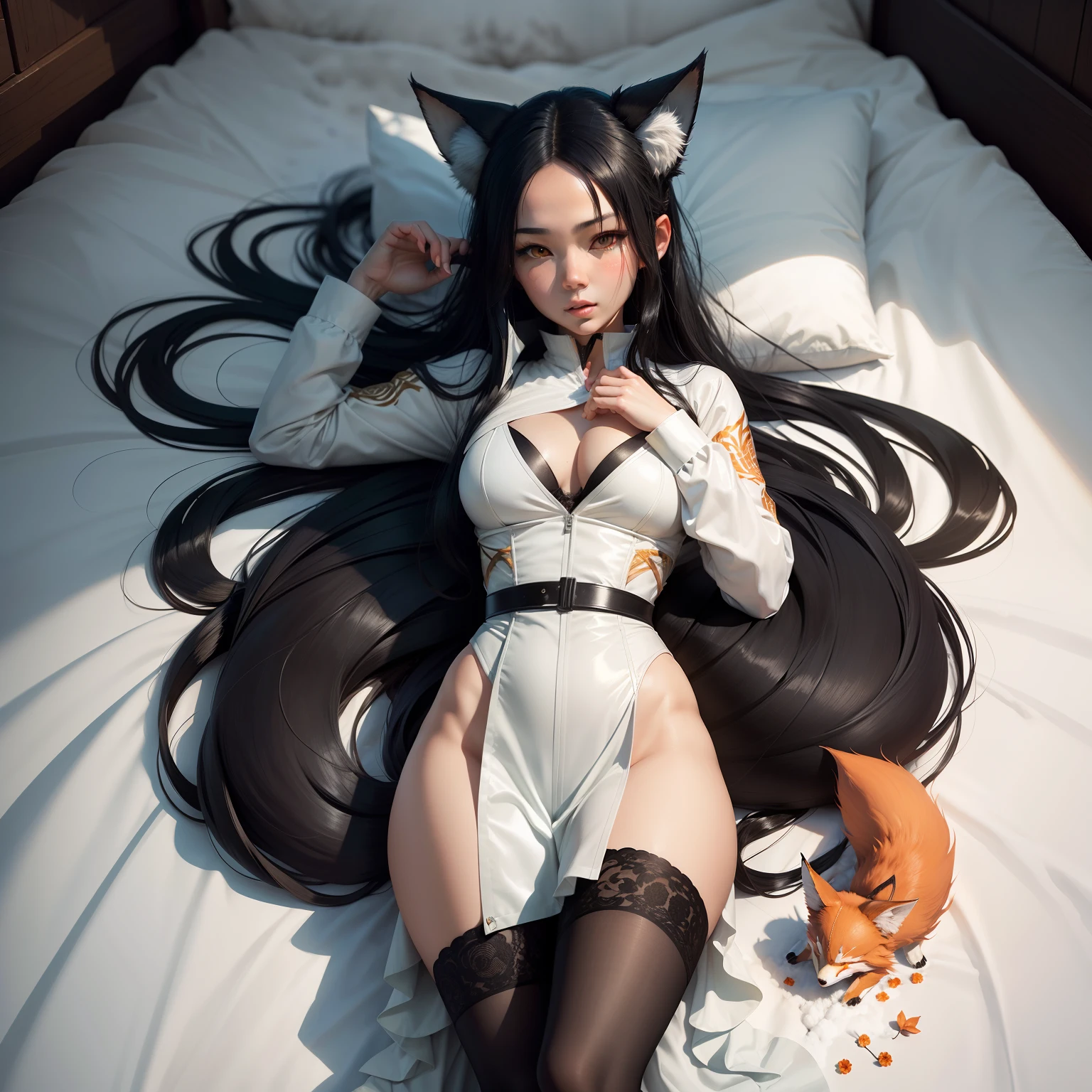 The nine-tailed fox wears a straitjacket,It's like a fairy,The figure is bumpy,Long flowing black hair,Half lying on the snow and playing with the little fox