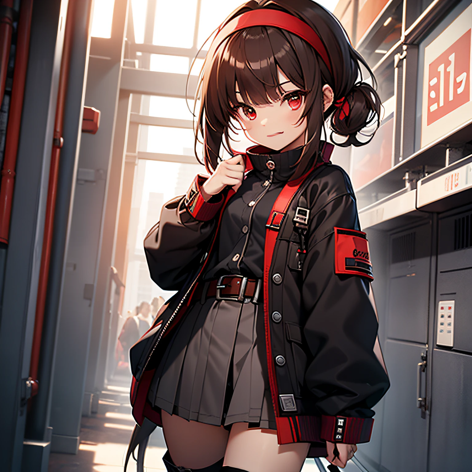 top-quality、extremely delicate and beautiful、(((Only 1 person)))、11 year old、(Dark hair)、Gray clothes with vertical buttons、Belt at waist、grey miniskirt、((poneyTail))、(red hairband)、(Brown boots)、Red-eyed、A smile、