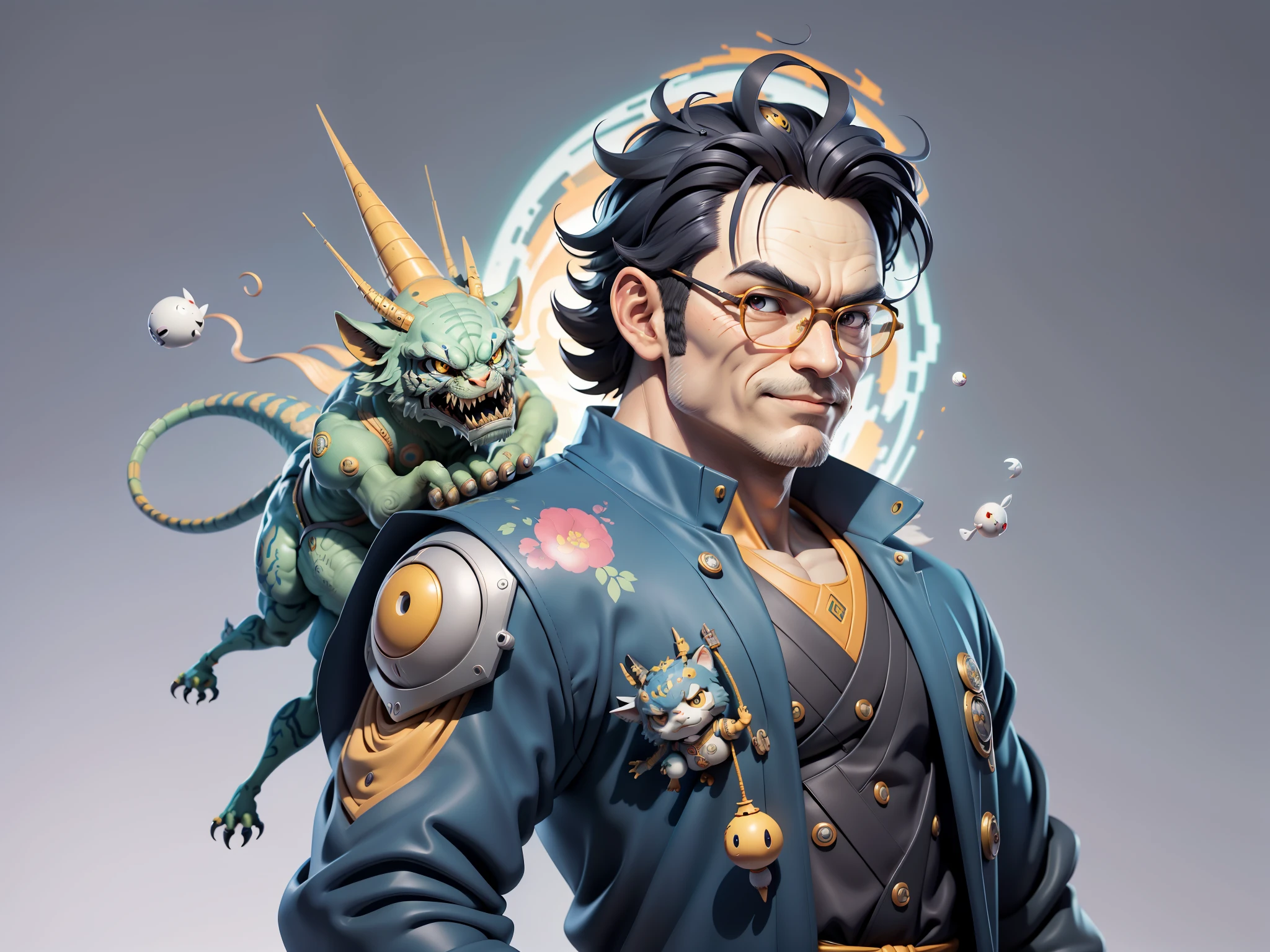 (Masterpiece), (Excellent), (Super Meticulous), (Full Body: 1.2), Super Young Man, Oriental Face, Japanese Kimono, Japanese Wind Thunder God, Dragon, Tiger, TV Anchor, Bust Portrait Illustration, Alone, Black Suit, Blue Tie, Slightly Chubby Face, Very Clean Face, No Beard, Black Super Short Hair, Black Eyes, Confident Smile, 3c Computer Sub-Products, iPad, iPhone, Digital Painting, 3D Character Design by Akira Toriyama and Mark Claireden and Pixar and Hayao Miyazaki, The illustration is a high-definition illustration in 4K resolution with very detailed facial features and cartoon-style visuals.