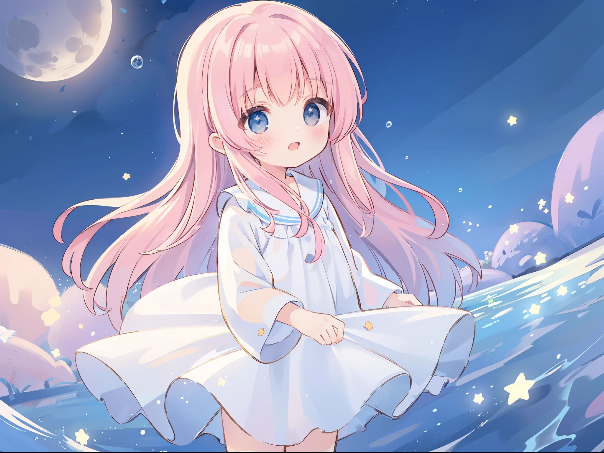 Top Quality, Masterpiece, Ultra High Resolution, Pretty Facial Features, Flat Design, Shoshi no Ko, Hoshino Ai, simple background, giant stars, ziyu, colorful, cute girl standing in water, starry sky in background, huge full moon, water ripples, beautiful simple flowing white dress