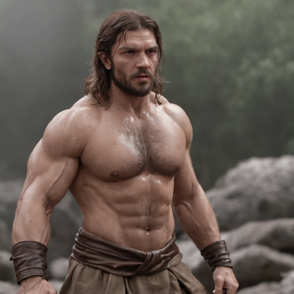 (Professional 3D rendering:1.3) de (Realistic:1.3) Foto de arte mais bonita do mundo,Features soft, bright male heroes, ((Epic hero fantasy rough muscular man wet hero angry look long hair short beard and fierce expression in dynamic pose, fantastic location, majestoso ambiente desordenado)), corpo inteiro 8k unidade render, action shot, poros da pele, very dark lighting, sombreamento pesado, circunstanciado, Rosto detalhado, (vibrante, fotogrdeia realista, Realistic, Dramatic, Escuro, foco nítido, 8k), (Old leather clothes damaged by bad weather:1.4), ((((Use peles)))), (intrincado:1.4), decadente, (altamente detalhado:1.4), pintura digital, rendering by octane, art stations, Conceito-Arte, liso, foco nítido, illustration, germe da arte, (Loish:0.23), Wlop Ilya Kuvshinov, e Greg Rutkowski e Alphonse Mucha Gracias, (global ilumination, studiolight, Light Volumetric), chuva forte, floating particles, patife, fantasia, Onze, corpo inteiroesbian, ((Fundo escuro e antigo da cidade:1.3)),CGSesociedade,art stations