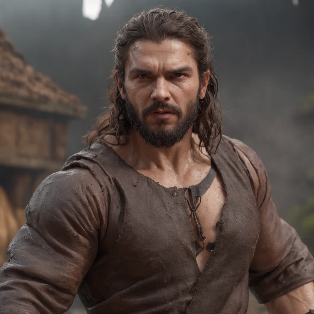 (Professional 3D rendering:1.3) de (Realistic:1.3) Foto de arte mais bonita do mundo,Features soft, bright male heroes, ((Epic hero fantasy rough muscular man wet hero angry look long hair short beard and fierce expression in dynamic pose, fantastic location, majestoso ambiente desordenado)), corpo inteiro 8k unidade render, action shot, poros da pele, very dark lighting, sombreamento pesado, circunstanciado, Rosto detalhado, (vibrante, fotogrdeia realista, Realistic, Dramatic, Escuro, foco nítido, 8k), (Old leather clothes damaged by bad weather:1.4), ((((Use peles)))), (intrincado:1.4), decadente, (altamente detalhado:1.4), pintura digital, rendering by octane, art stations, Conceito-Arte, liso, foco nítido, illustration, germe da arte, (Loish:0.23), Wlop Ilya Kuvshinov, e Greg Rutkowski e Alphonse Mucha Gracias, (global ilumination, studiolight, Light Volumetric), chuva forte, floating particles, patife, fantasia, Onze, corpo inteiroesbian, ((Fundo escuro e antigo da cidade:1.3)),CGSesociedade,art stations