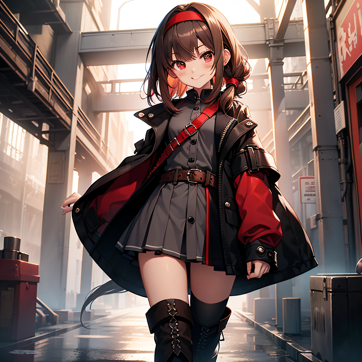 top-quality、extremely delicate and beautiful、(((Only 1 person)))、11 year old、(Dark hair)、Gray clothes with vertical buttons、Belt at waist、grey miniskirt、((poneyTail))、(red hairband)、(Brown boots)、Red-eyed、A smile、