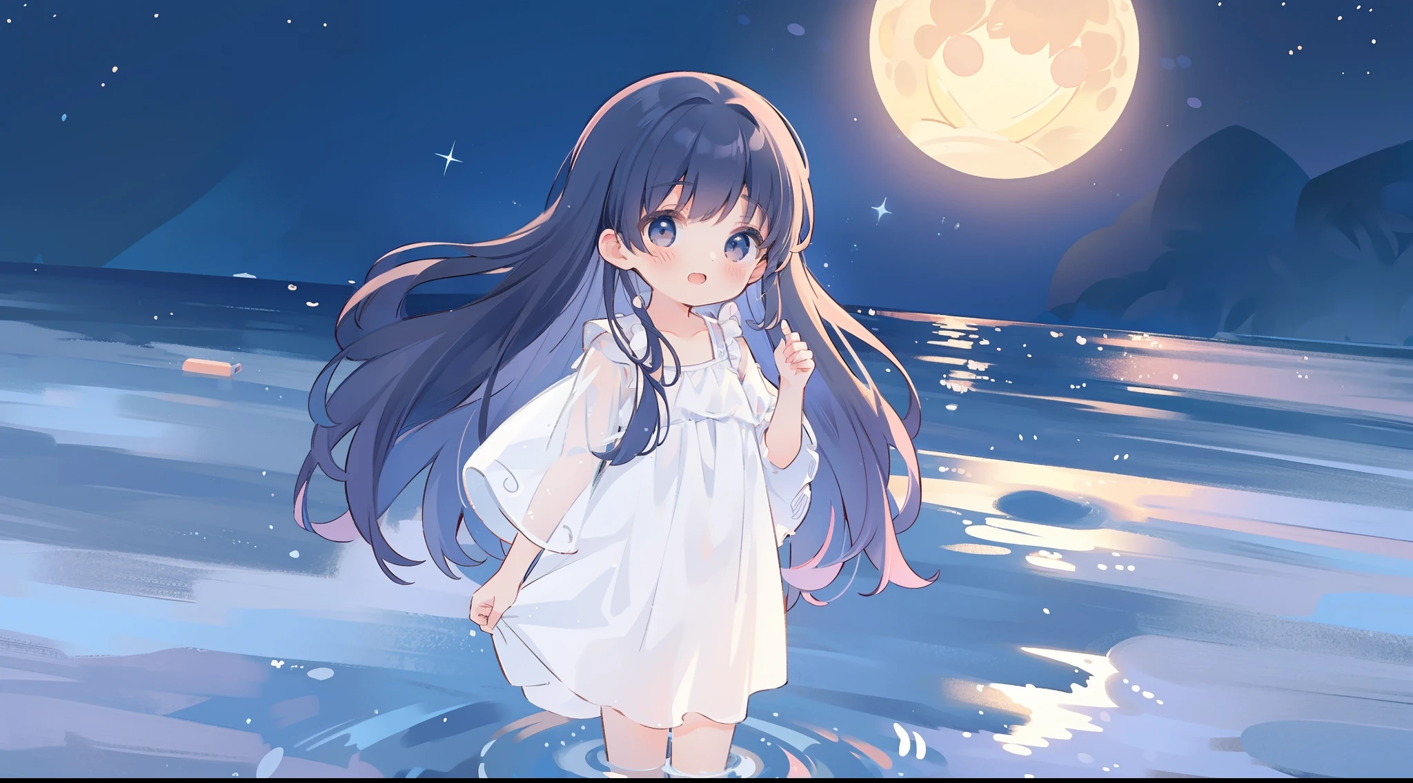 Top Quality, Masterpiece, Ultra High Resolution, Pretty Facial Features, Flat Design, Shoshi no Ko, Hoshino Ai, simple background, giant stars, ziyu, colorful, cute girl standing in water, starry sky in background, huge full moon, water ripples, beautiful simple flowing white dress