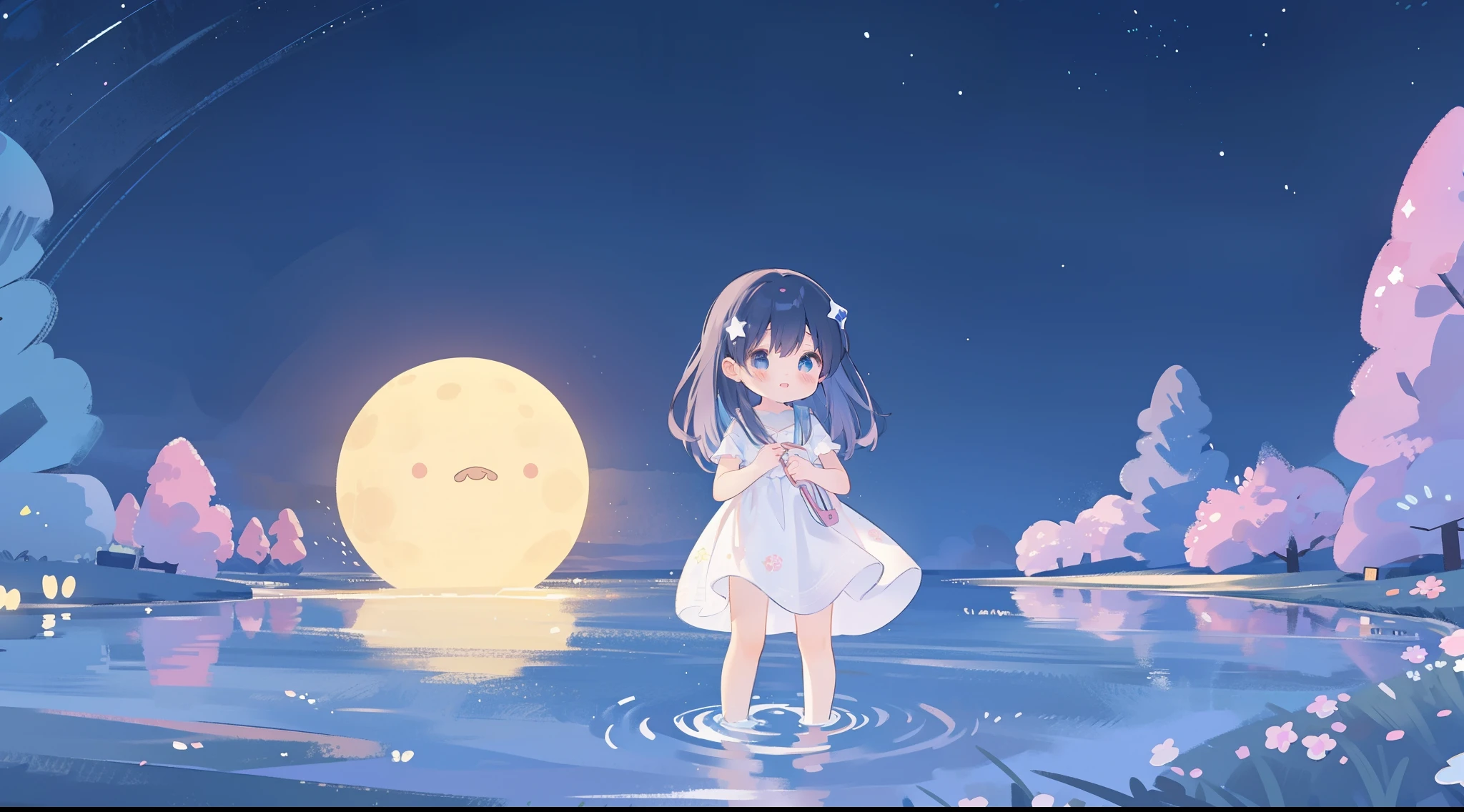 Top Quality, Masterpiece, Ultra High Resolution, Pretty Facial Features, Flat Design, Shoshi no Ko, Hoshino Ai, simple background, giant stars, ziyu, colorful, cute girl standing in water, starry sky in background, huge full moon, water ripples, beautiful simple flowing white dress