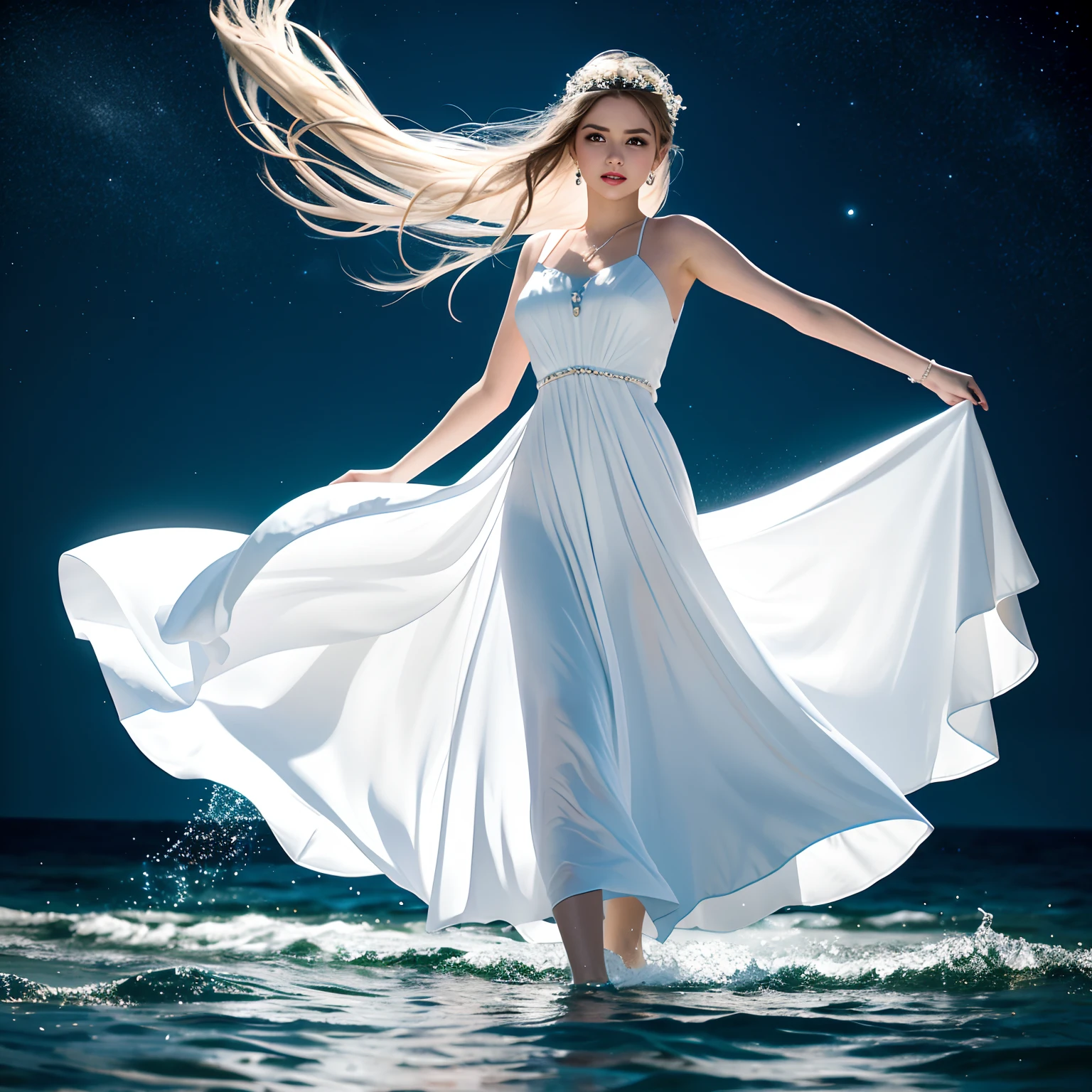 Woman in white dress standing in sea water with flowing dress, pale skinned, de colar de diamante, Pearls in water, a noite, starly sky, sky with galaxy, ..lua, Como uma deusa, walking on water, mulher iluminada, blue water, wearing a white flowing dress, white flowing dress, she is floating in the air, flowing white robes, tiptoes, Flowing dress, lindo vestido branco longo longo, Wearing a flowing dress, flutuando no ar, vestido branco longo, Pose flutuante elegante, cabelo flutuando ao vento, Girl in white dress dancing, mistic, magic, realista, impactante, escuro, dramatic