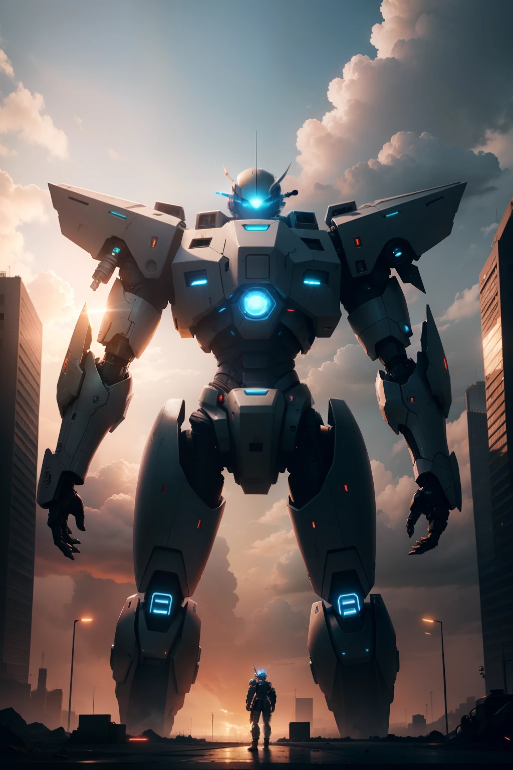 sky, cloud, holding_weapon, no_humans, glowing, , robot, building, glowing_eyes, mecha, science_fiction, city, realistic,mecha