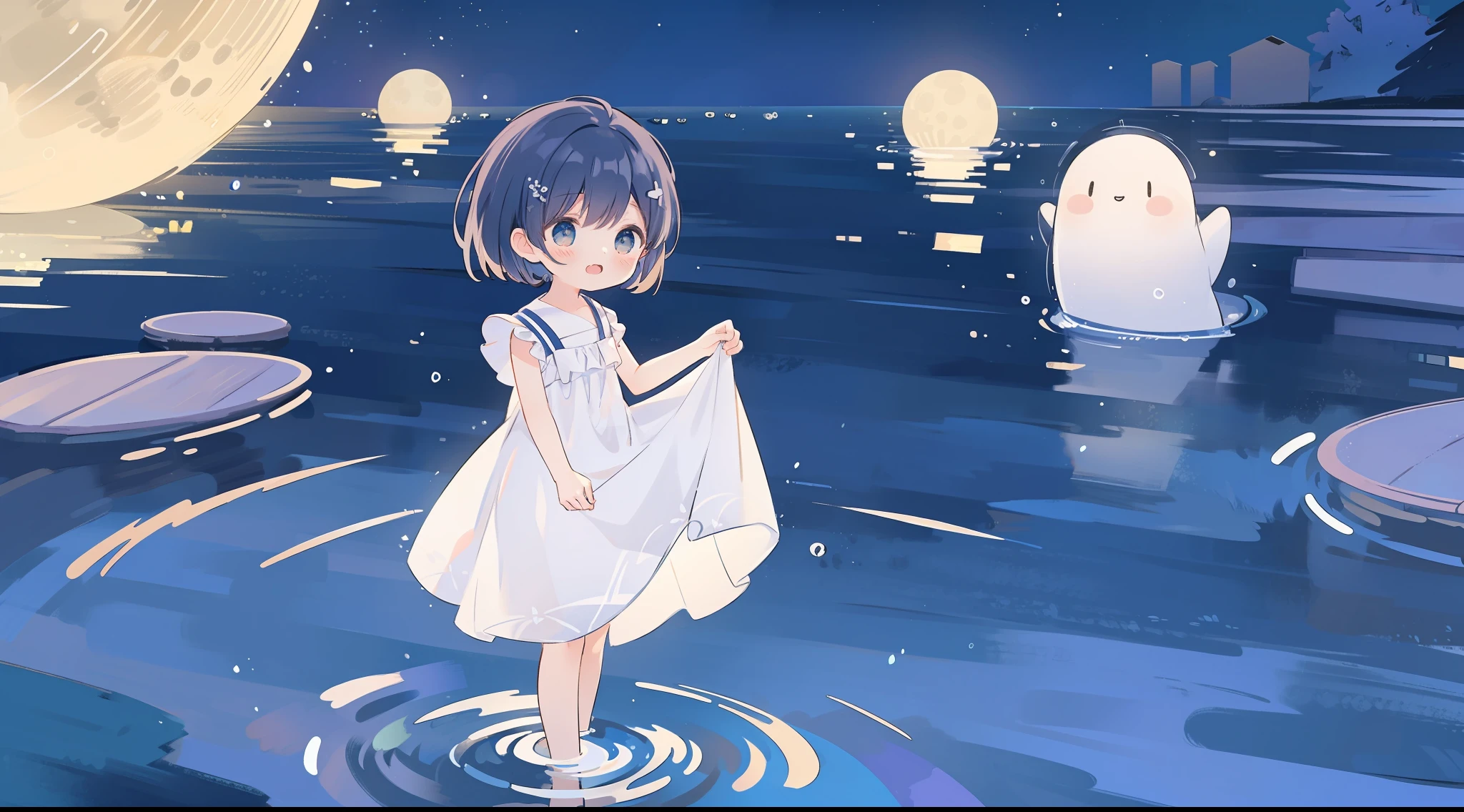 Top Quality, Masterpiece, Ultra High Resolution, Pretty Facial Features, Flat Design, Shoshi no Ko, Hoshino Ai, simple background, giant stars, ziyu, colorful, cute girl standing in water, starry sky in background, huge full moon, water ripples, beautiful simple flowing white dress