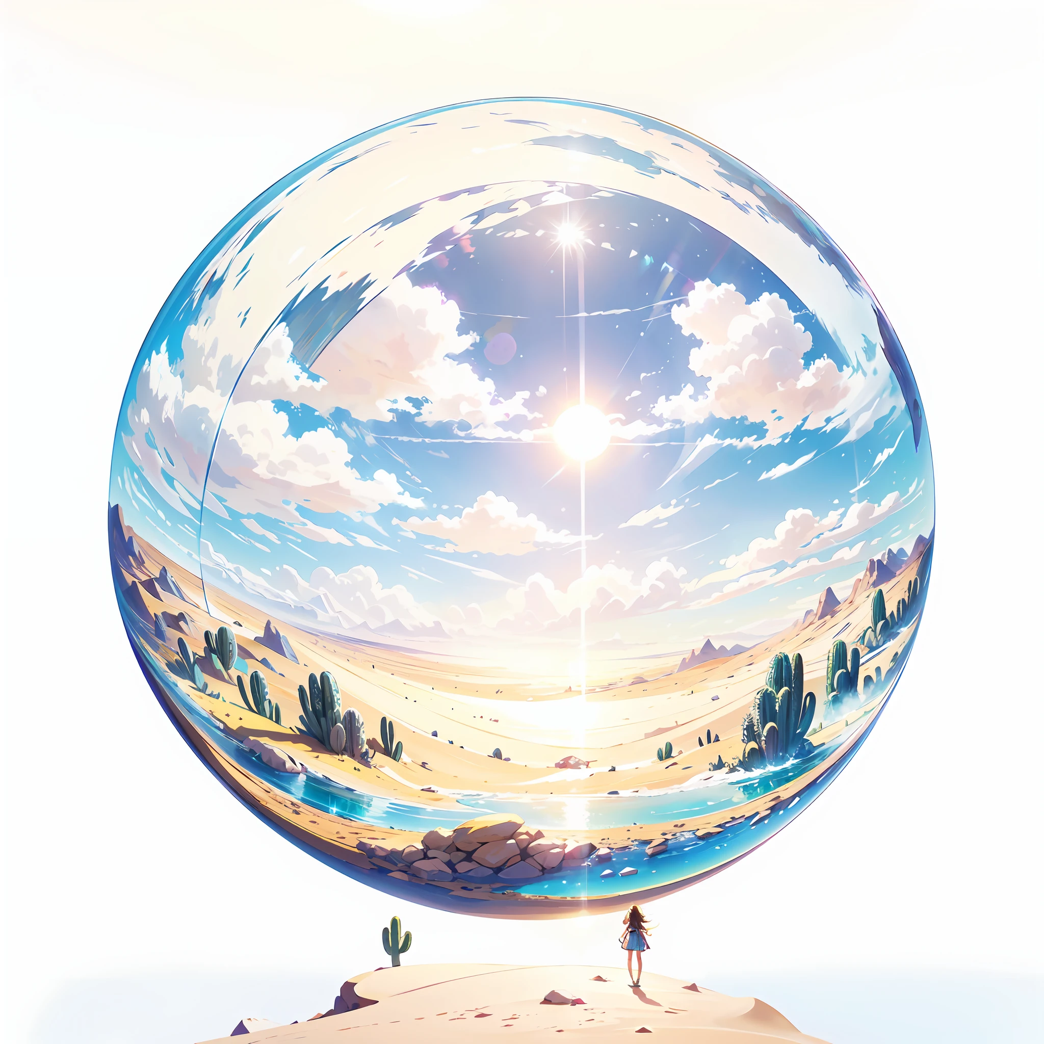 "a crystal sphere floating in the sky,(((Inside a crystal sphere))),(ultra wide angle),A girl standing on a rock, gazing at the immense golden sand desert with a radiant sun overhead, lots of sand,against a backdrop of a clear sky adorned with fluffy clouds. Surrounding her, small cacti dot the landscape, and in the distance, a magnificent golden pyramid rises. This artwork is a true masterpiece, capturing every intricate detail, and it is currently trending on ArtStation due to its outstanding quality."