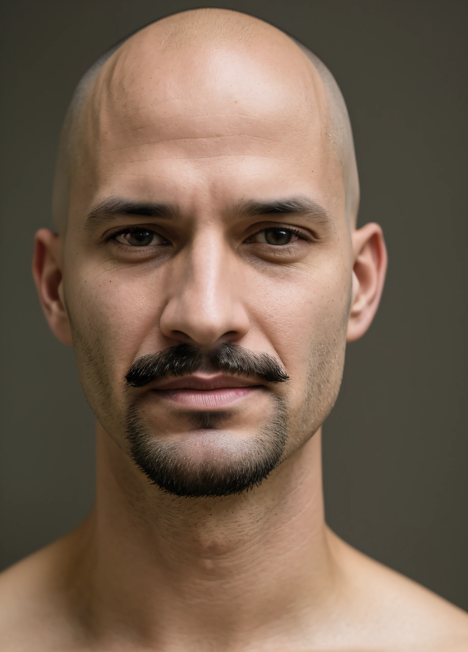 arafed man with a shaved head and a mustache, bald head and menacing look, no hair completely bald, 3 , 3 6 years old old), 38 years old, shaven face, 35 years old, 3 5 years old, shaven st man, headshot profile picture, full head shot