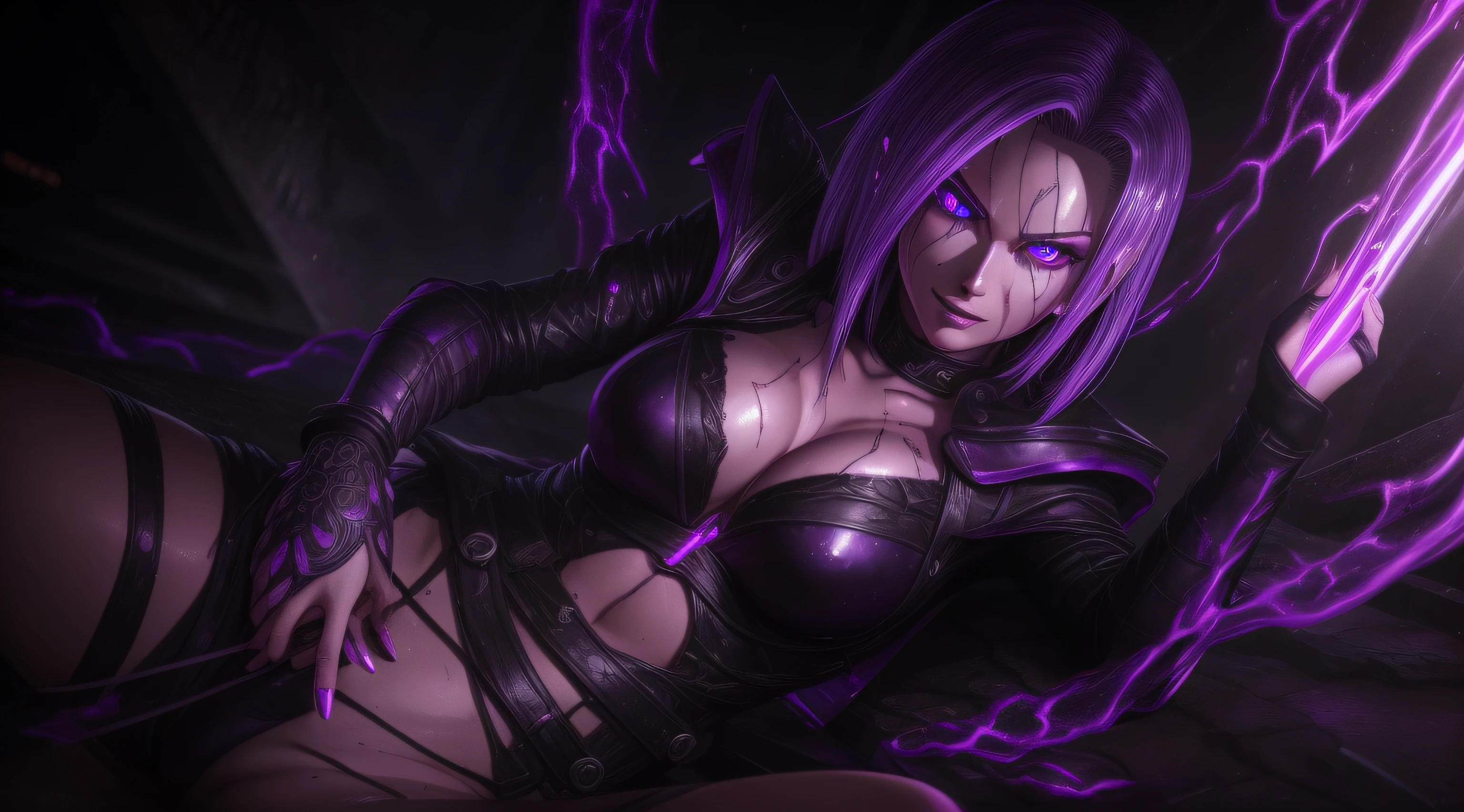 sexy android 18, Glow, seductive, glowing purple eyes , sexy , (ultra photorealistic:1.3), (masterpiece:1.4), best quality, ((realistic)), high quality, ultra detailed, ((real image)), ((realistic skin)), ((realistic face)),(illustration:1.05), (beautiful:1.05), (beautiful detailed eyes:1.05), (cinematic light:1.1), Extremely realistic , evil , wet ,corrupted , black veins ,parasites , dark energy , swarm, hive , grin , sadistic, wet ,lesbian ,portrait , purple glow , wild eyes